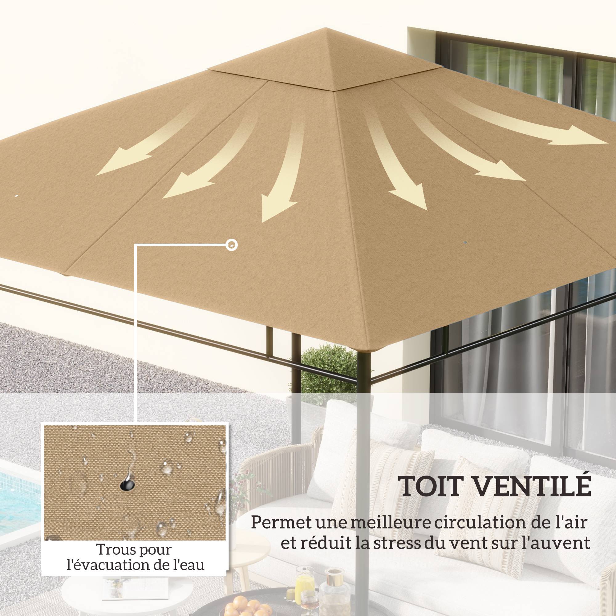 Toile de rechange pour pavillon toit de remplacement gazebo tissu polyester haute densité 180 g/m² anti-UV 3 x 3 m beige - Image 6