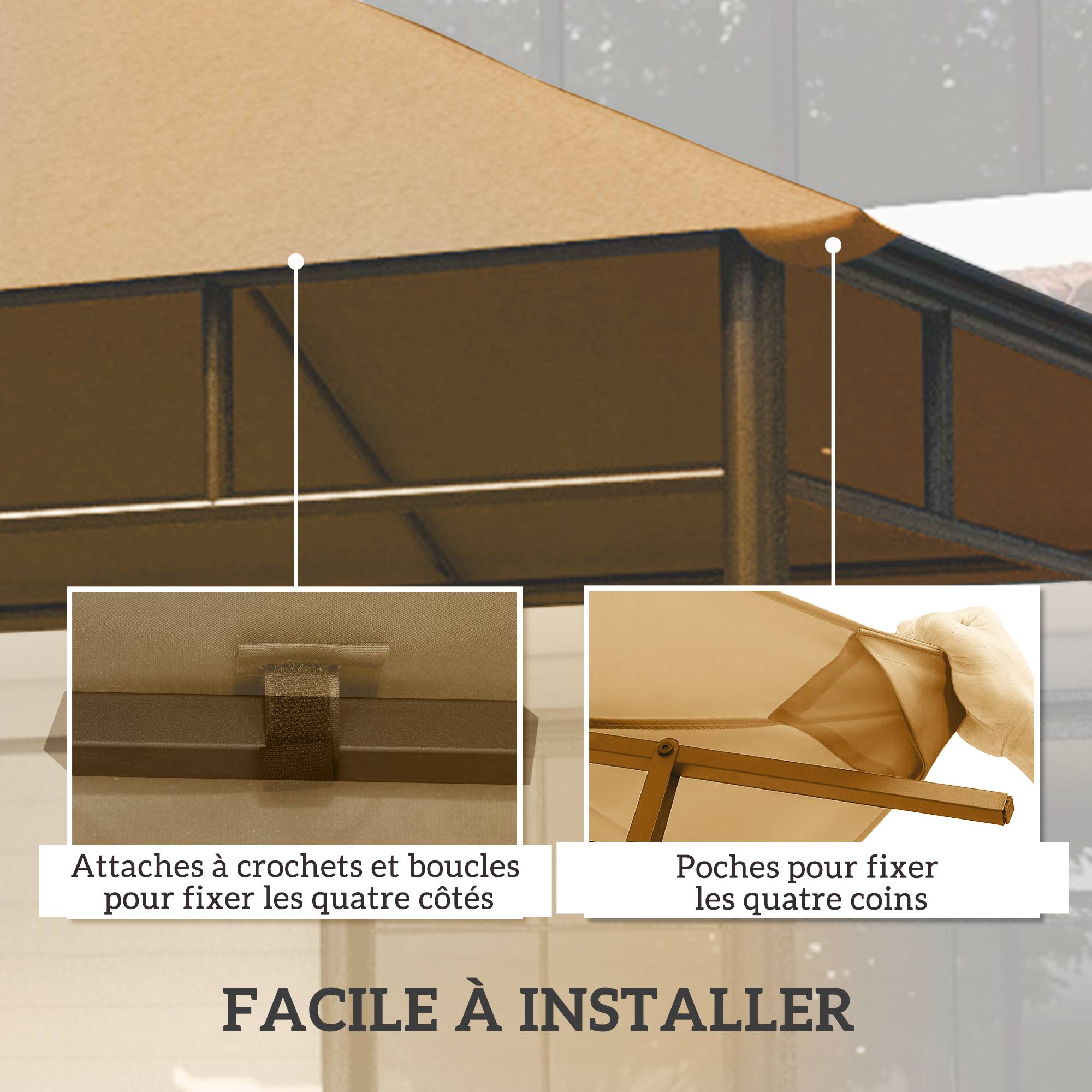 Toile de rechange pour pavillon toit de remplacement gazebo tissu polyester haute densité 180 g/m² anti-UV 3 x 3 m beige - Image 7