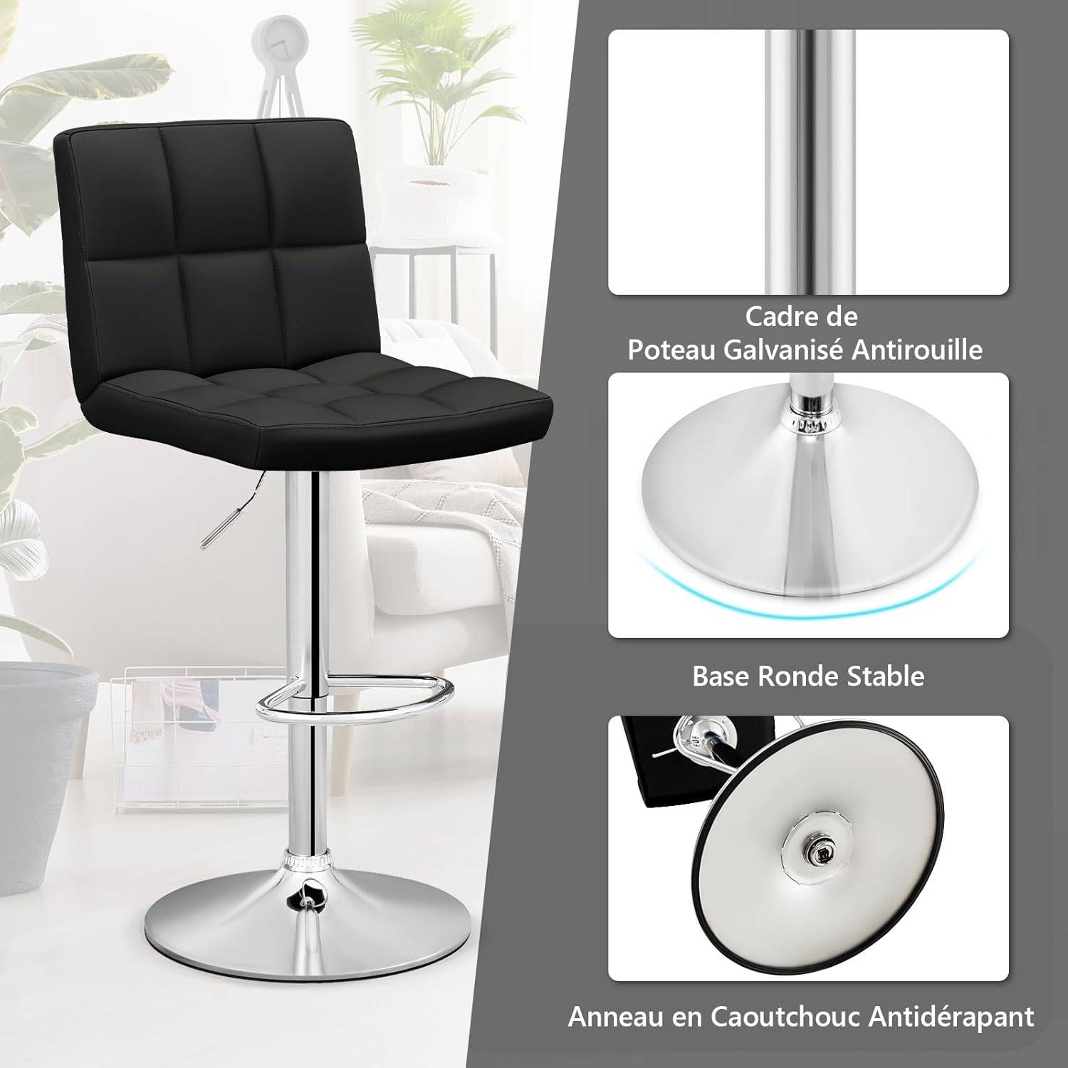 GIANTEX Lot de 2 tabourets de bar réglables en hauteur de 65 à 85 cm, pivotants à 360° avec repose-pieds, tabouret de comptoir, tabouret de bistrot jusqu'à 150 kg, tabouret de cuisine