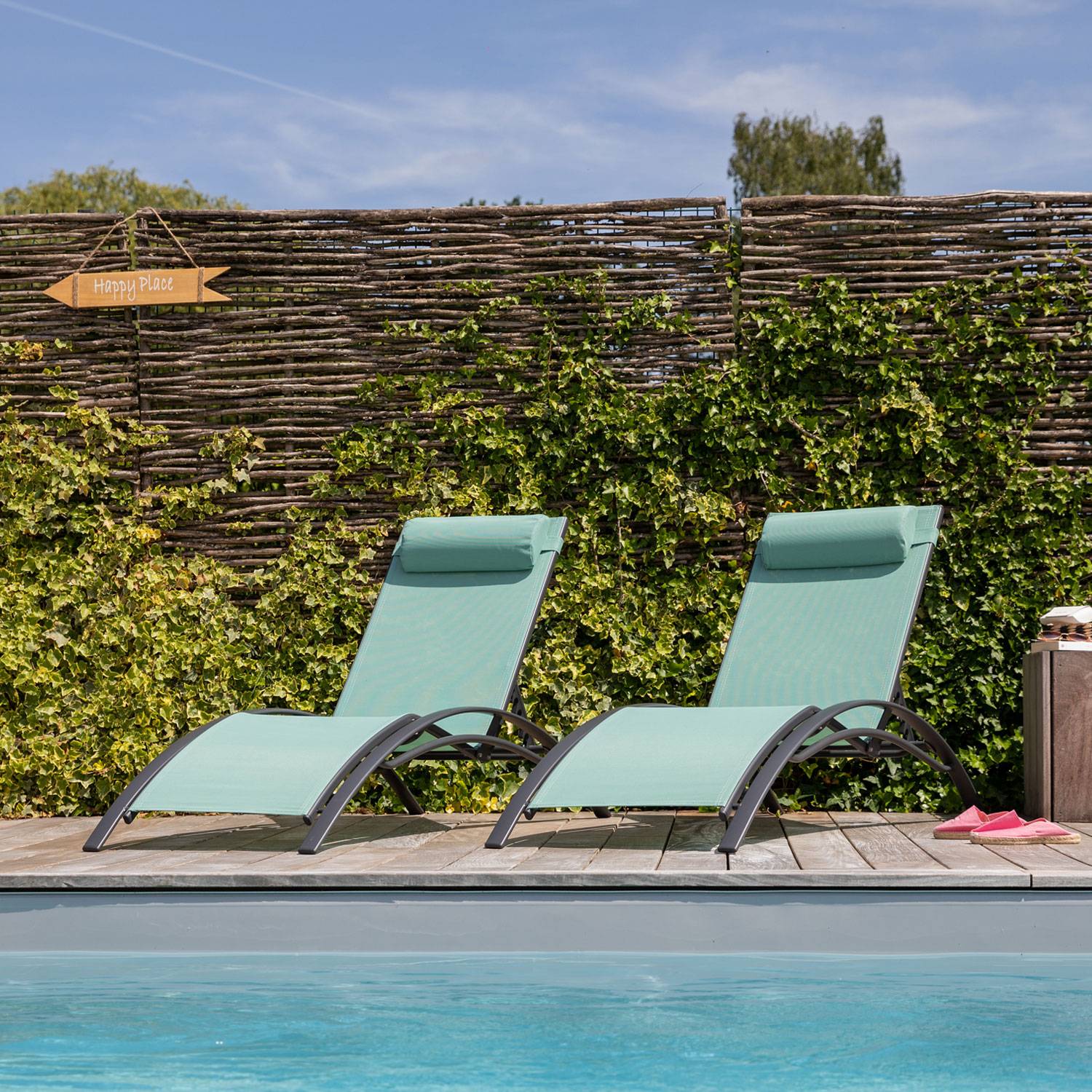 Happy Garden - Lot de 2 transats GALAPAGOS en textilène vert d'eau - aluminium gris anthracite - HAPPY GARDEN - Image 9