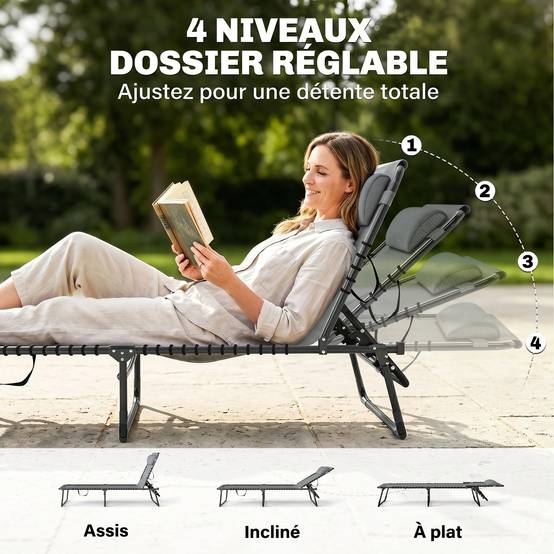 Bain de Soleil transat Pliable Dossier inclinable Multi-Positions - 189x58x30cm Acier Gris fr42 - Image 6