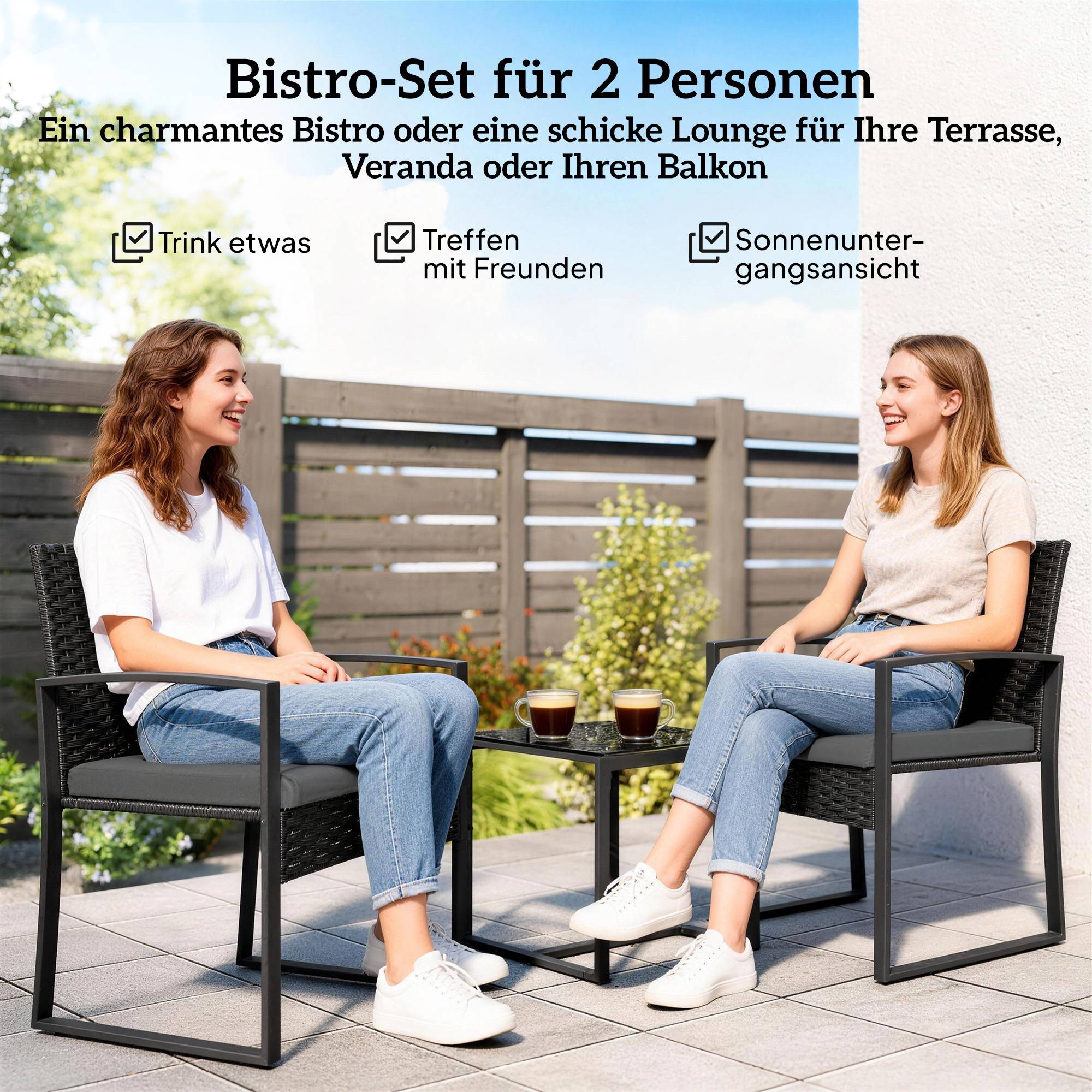 ComfortXL - Salon de jardin 3 pièces résine tressée gris foncé 2 places avec coussins table basse pour balcon et terrasse - Image 4