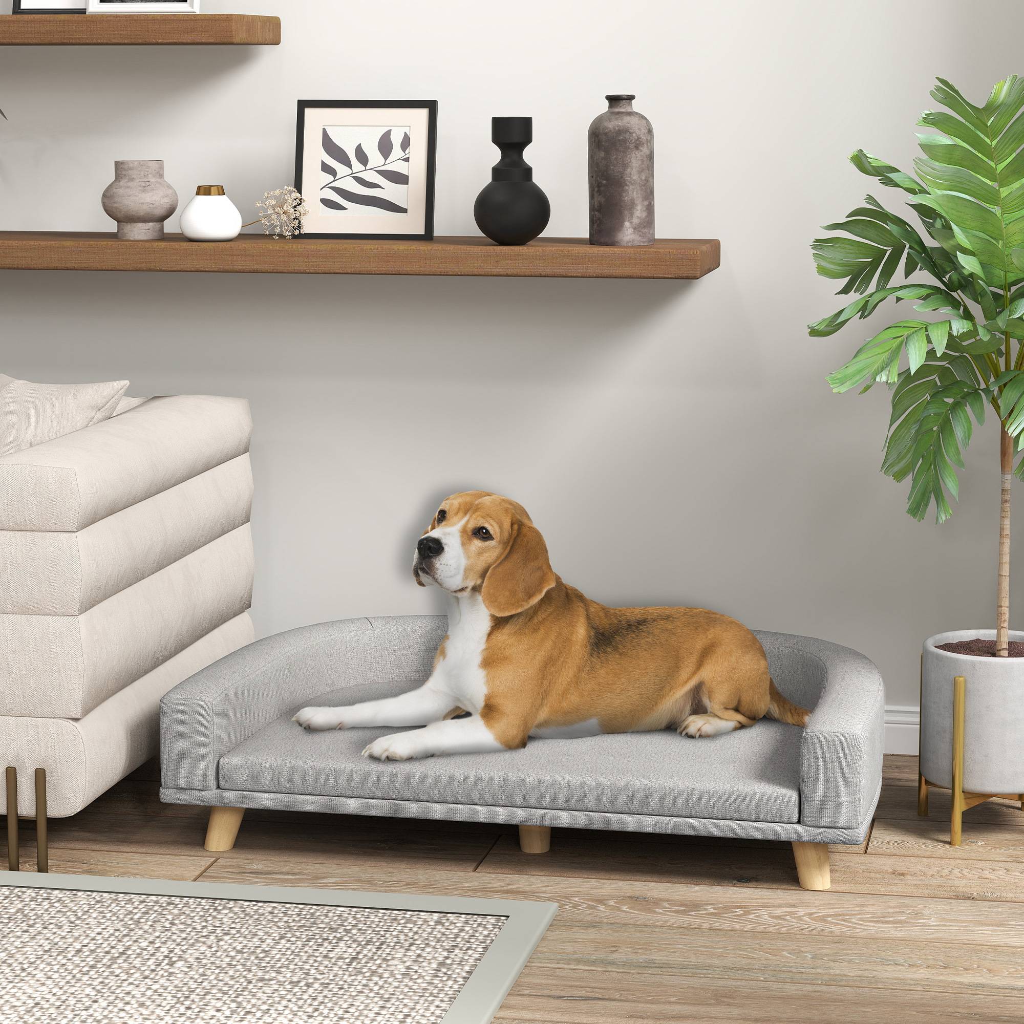 Canapé pour chien grand lit surélevé pour chien coussin lavable cadre en bois tissu polyester 98 x 67 x 25 cm gris - Image 3