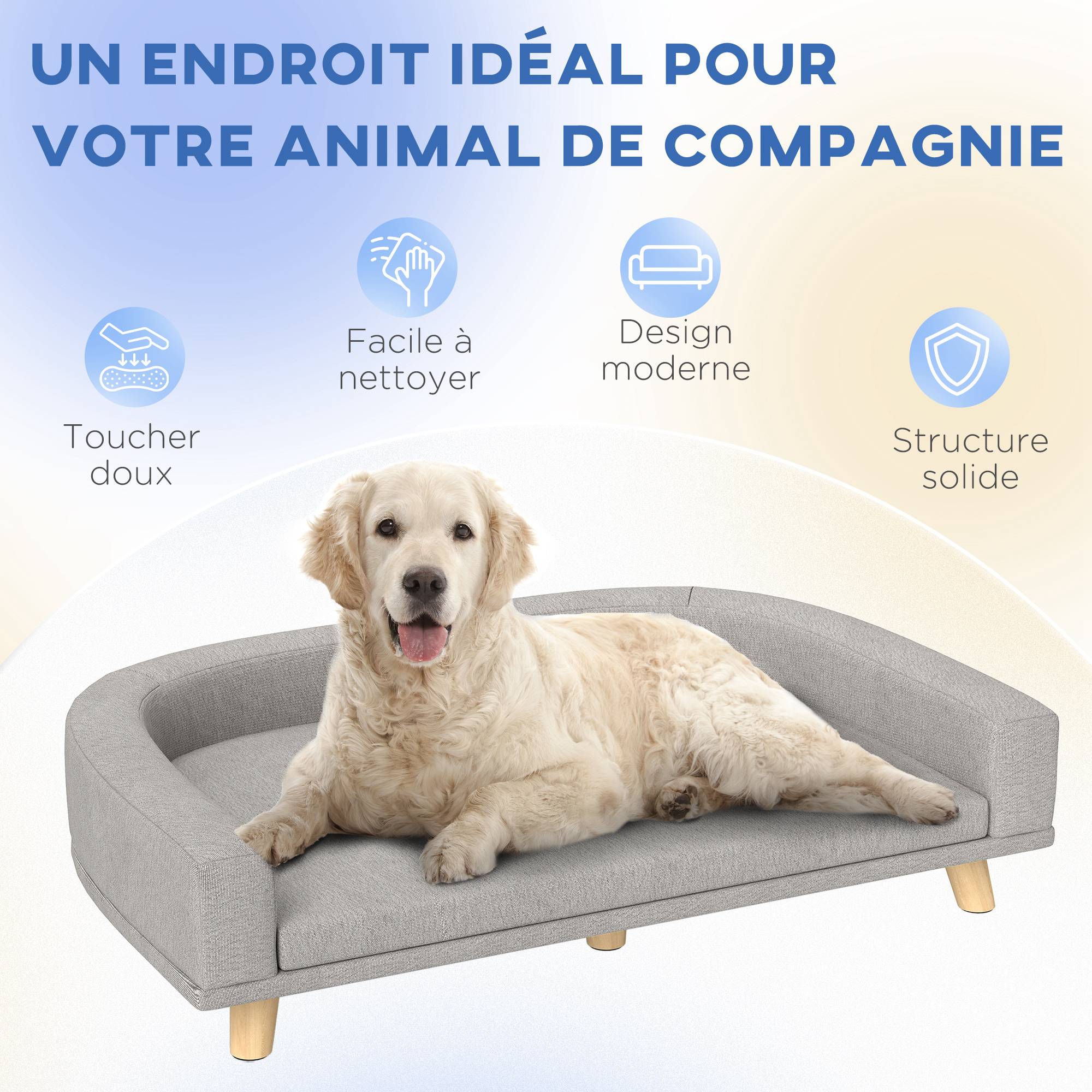Canapé pour chien grand lit surélevé pour chien coussin lavable cadre en bois tissu polyester 98 x 67 x 25 cm gris - Image 9