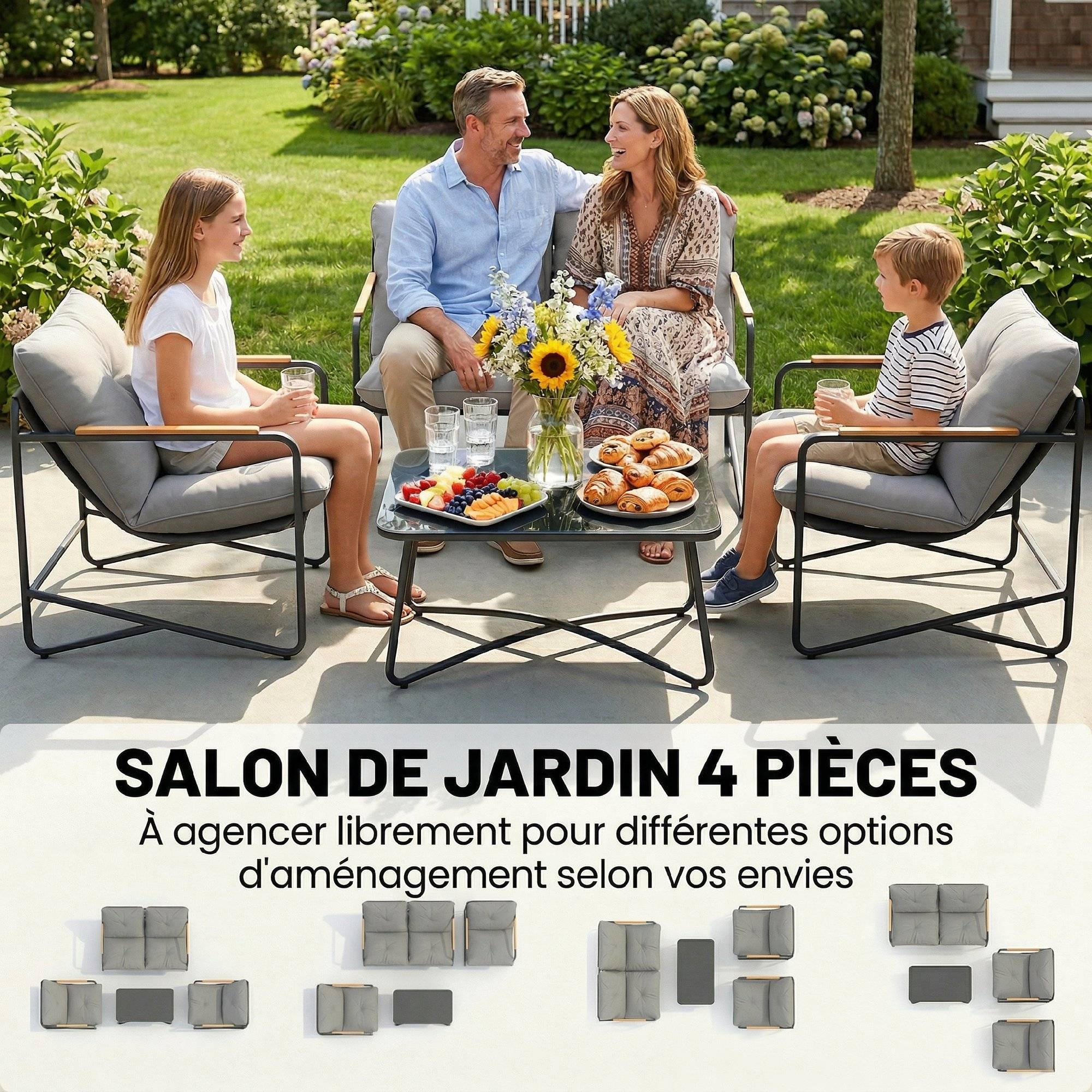 Salon de Jardin 4 Pièces Ensemble avec Canapé 2 Places, 2 Fauteuils et Table Basse Verre Trempé Coussins 13cm Gris Clair - Image 6