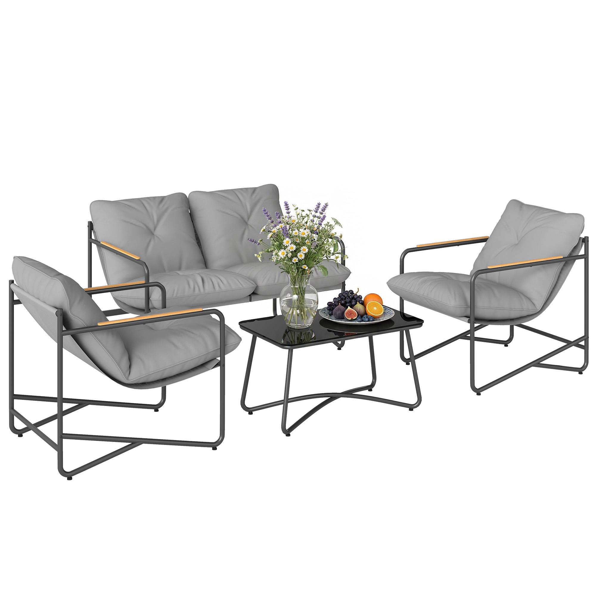 Salon de Jardin 4 Pièces Ensemble avec Canapé 2 Places, 2 Fauteuils et Table Basse Verre Trempé Coussins 13cm Gris Clair - Image 1