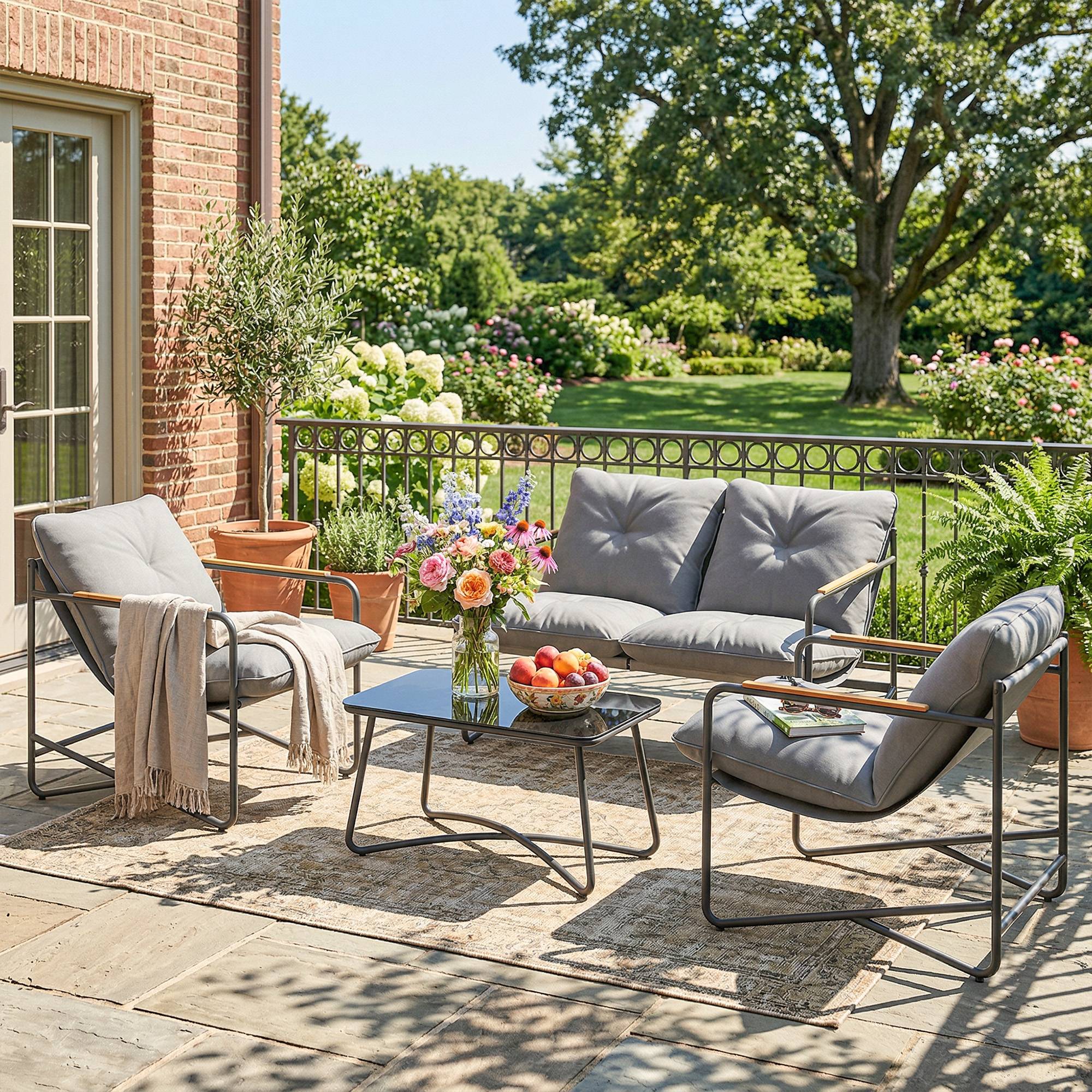Salon de Jardin 4 Pièces Ensemble avec Canapé 2 Places, 2 Fauteuils et Table Basse Verre Trempé Coussins 13cm Gris Clair - Image 4