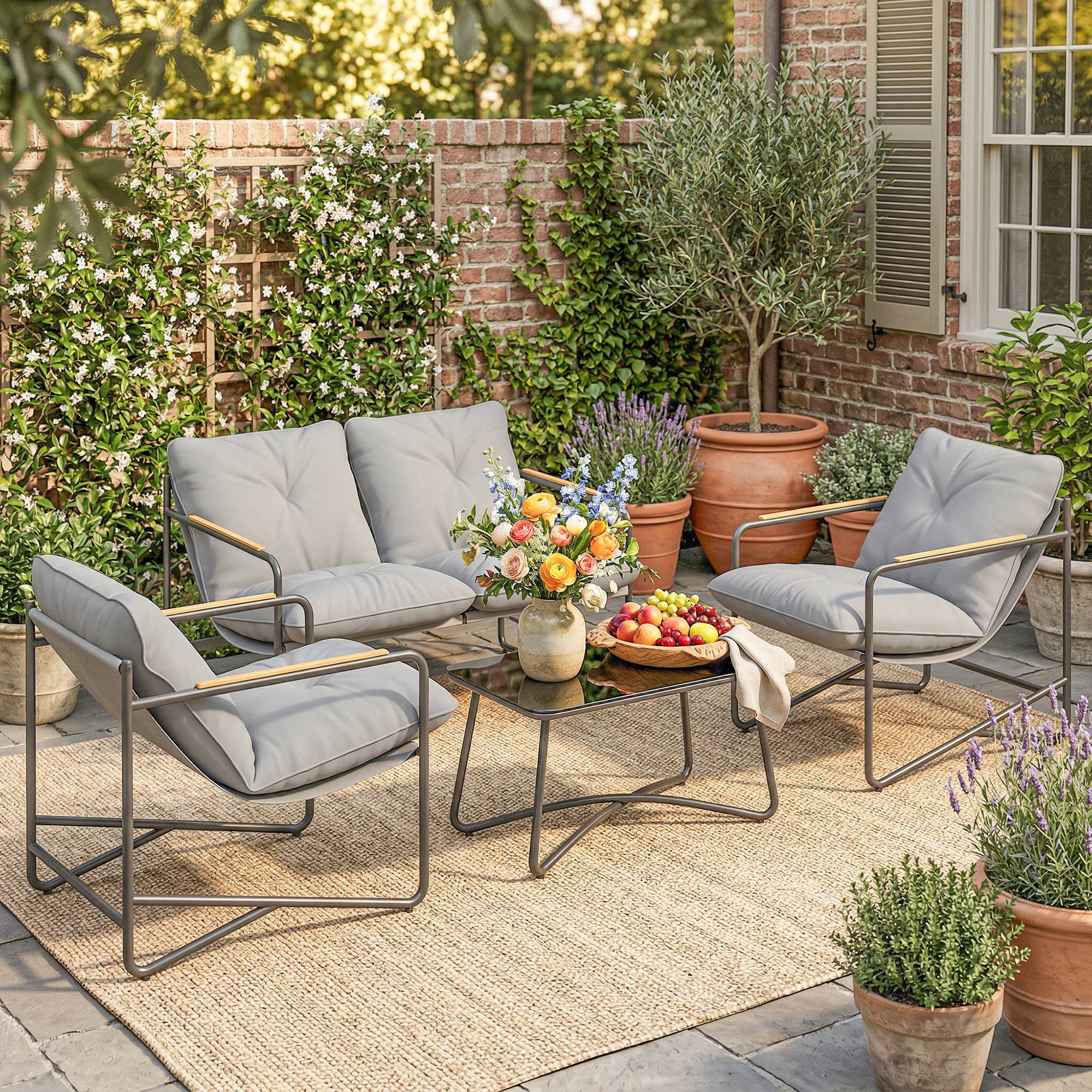 Salon de Jardin 4 Pièces Ensemble avec Canapé 2 Places, 2 Fauteuils et Table Basse Verre Trempé Coussins 13cm Gris Clair - Image 3