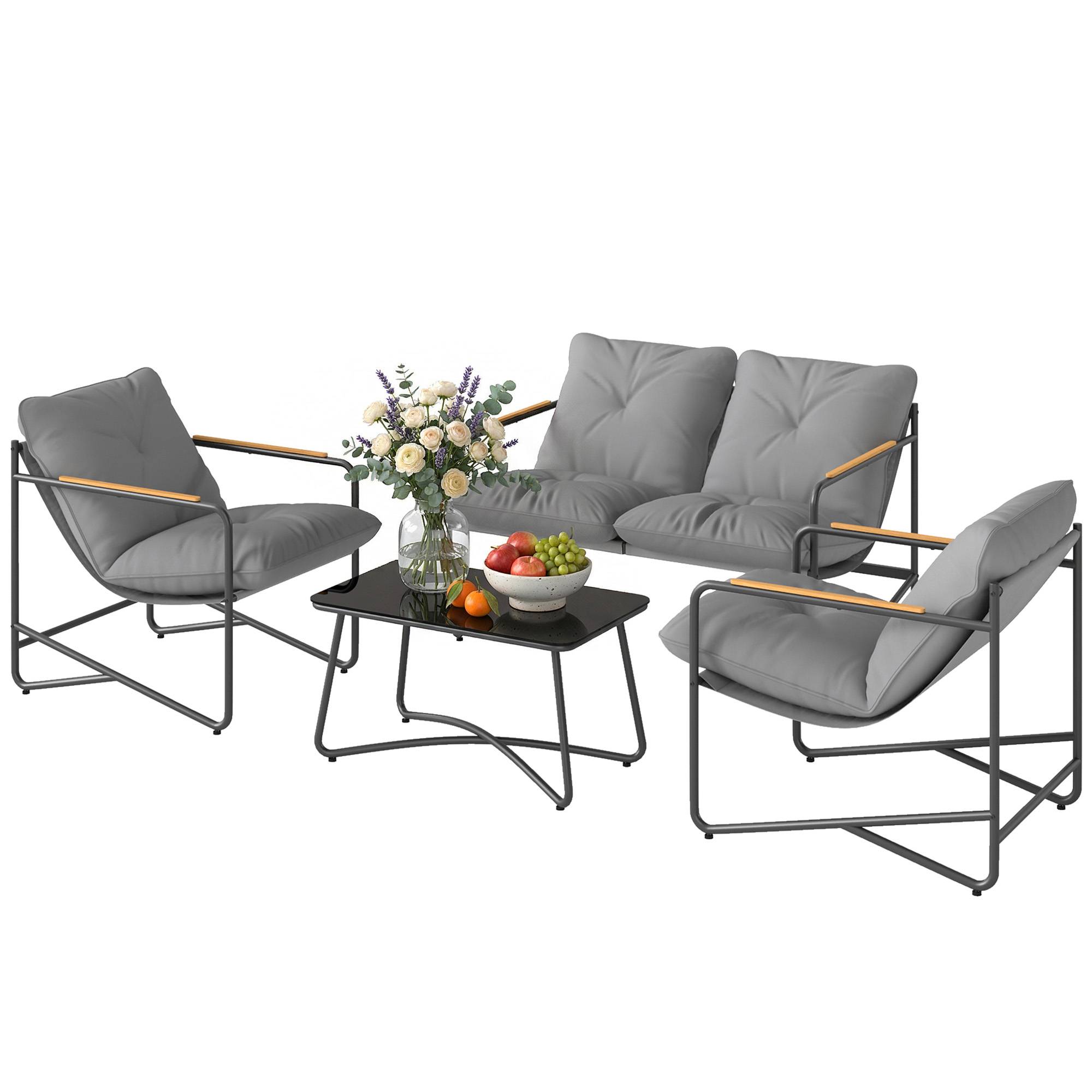 Salon de Jardin 4 Pièces Ensemble avec Canapé 2 Places, 2 Fauteuils et Table Basse Verre Trempé Coussins 13cm Gris Clair - Image 2