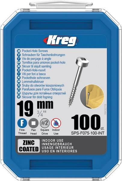 Vis à trous de poche Kreg Revêtu de Zinc Pan-Head, Filetage fin - SPS-F075-100-INT