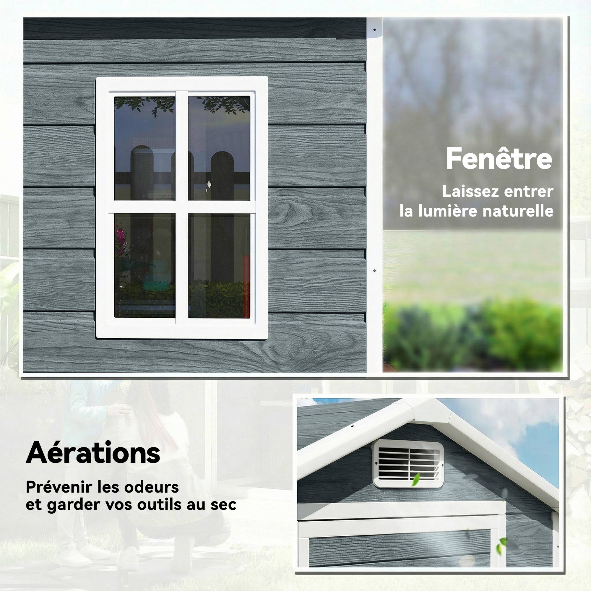 Abri de jardin en plastique avec plancher porte verrouillable fenêtre et ventilation 128 x 104 x196 cm gris - Image 7