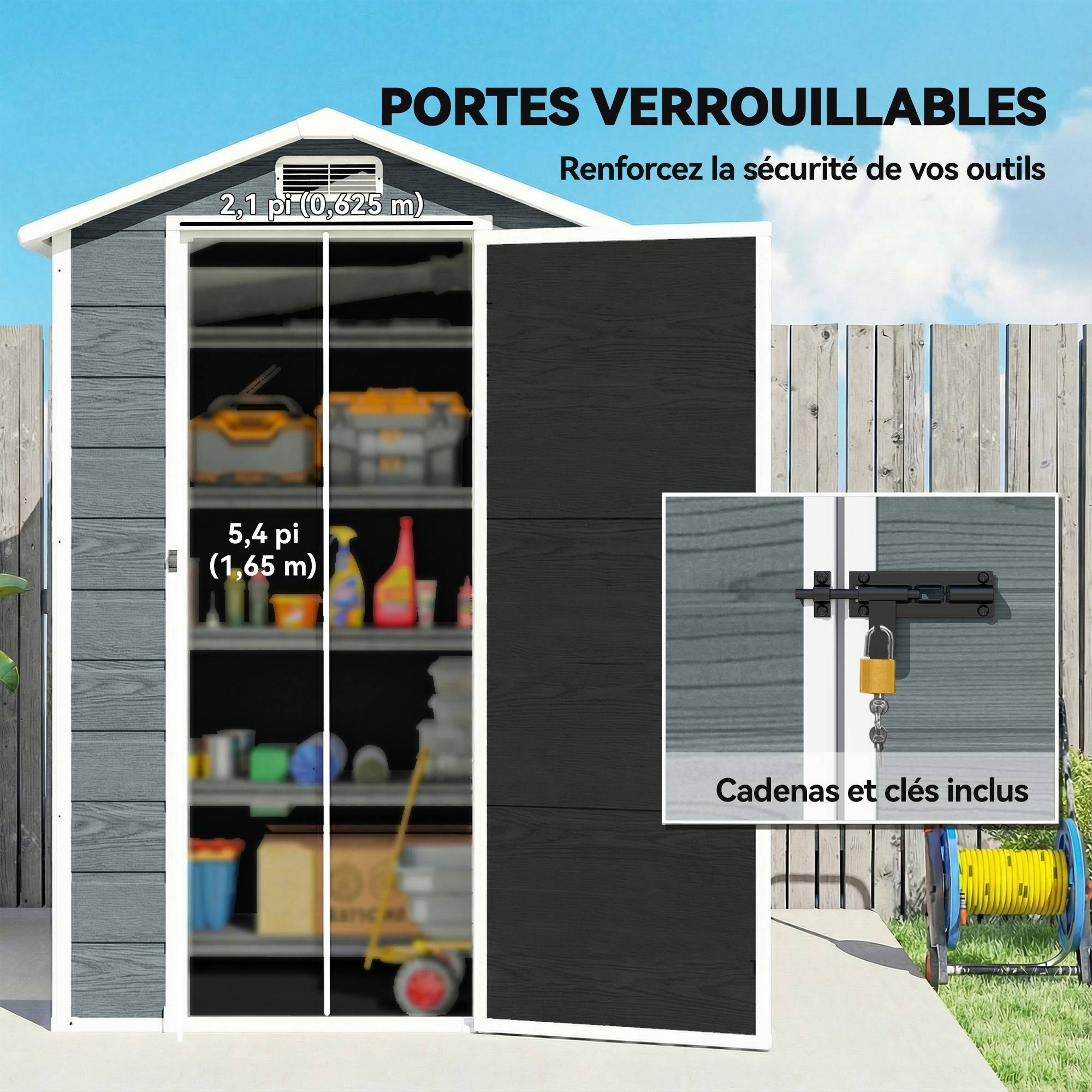 Abri de jardin en plastique avec plancher porte verrouillable fenêtre et ventilation 128 x 104 x196 cm gris - Image 8