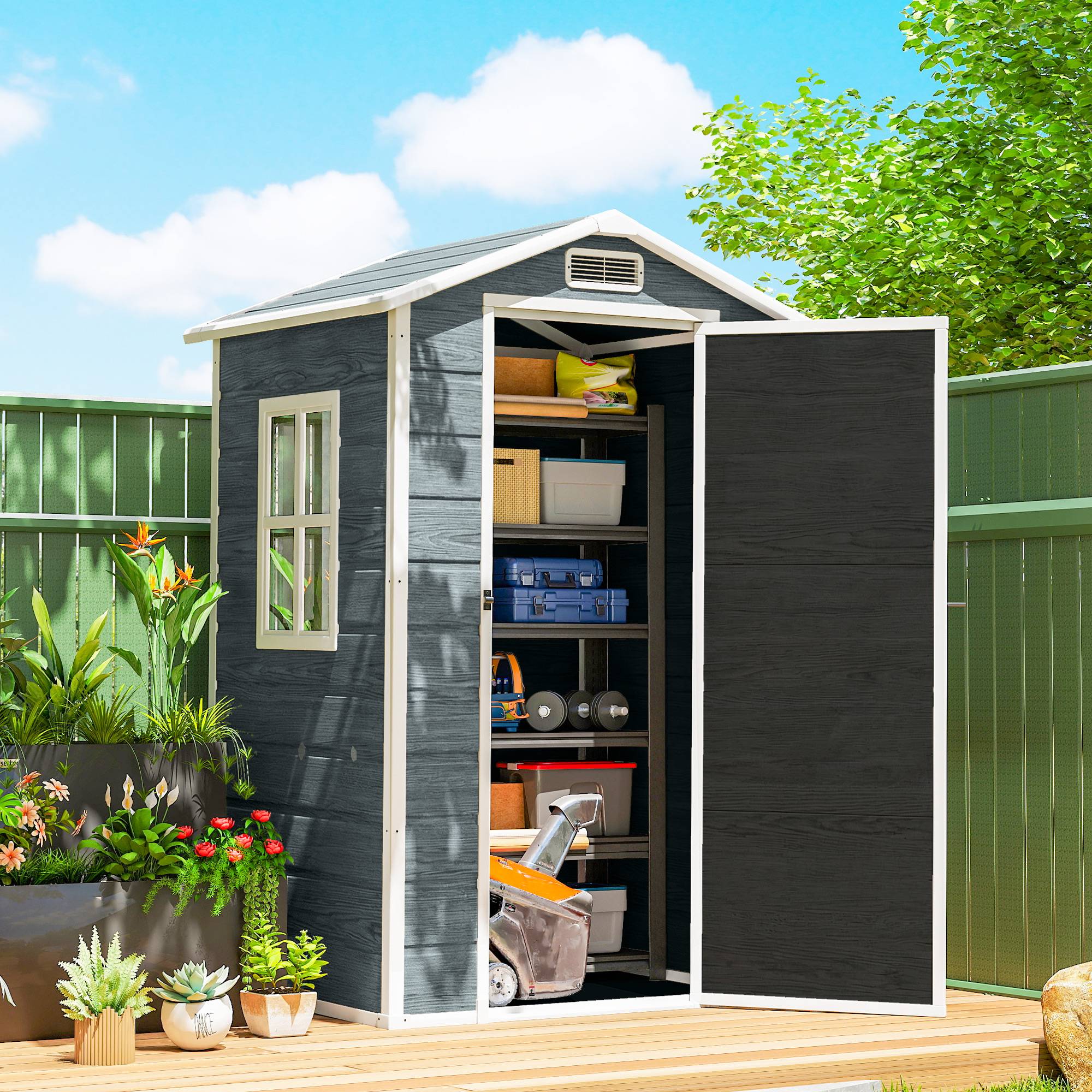 Abri de jardin en plastique avec plancher porte verrouillable fenêtre et ventilation  128 x 104 x196 cm gris - Image 3
