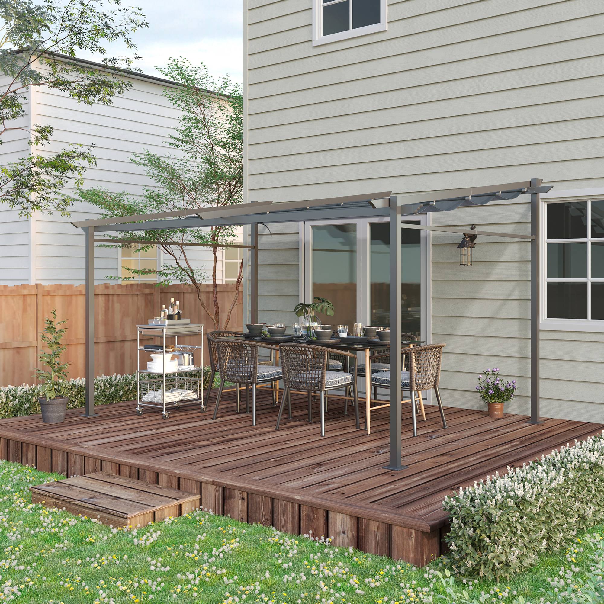 Pergola rétractable acier patio extérieur toile coulissante anti-UV 397x295cm gris - ComfortXL Outdoor Living - Image 4