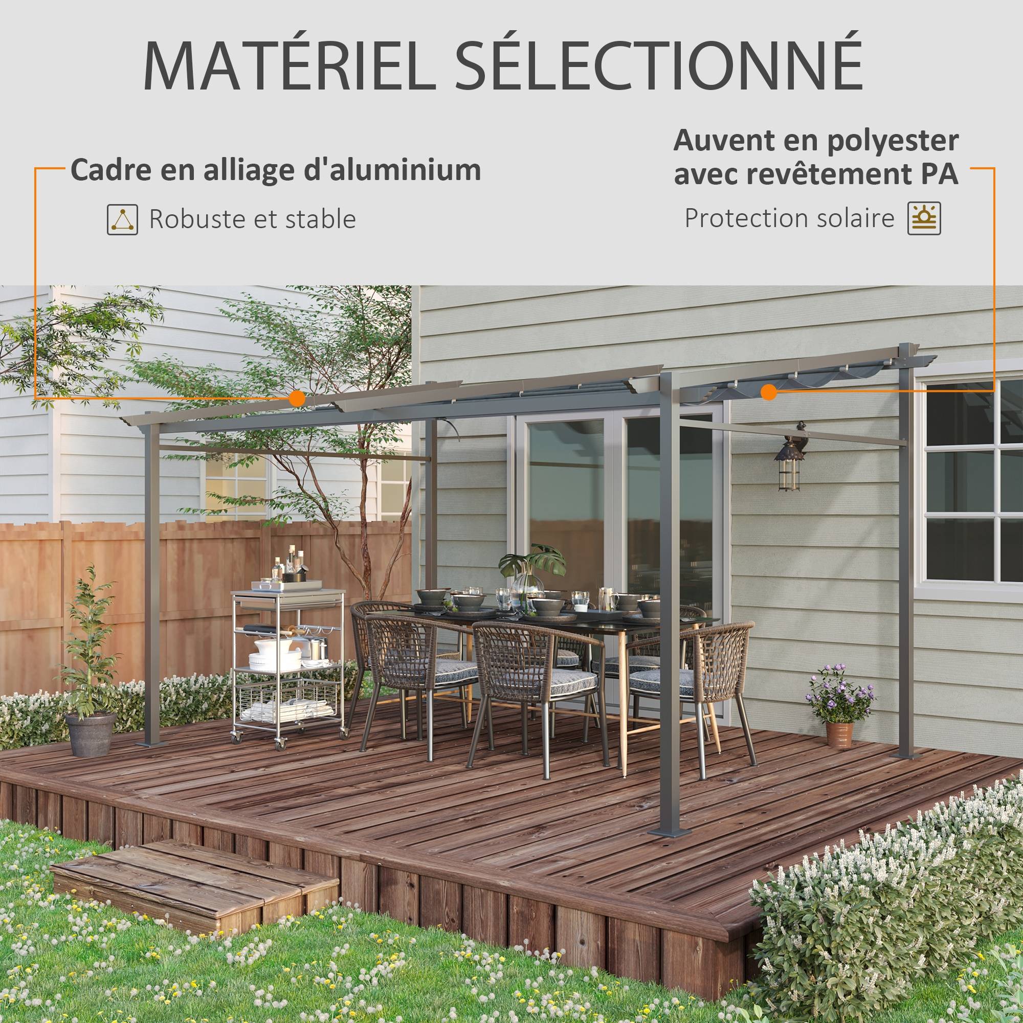 Pergola rétractable acier patio extérieur toile coulissante anti-UV 397x295cm gris - ComfortXL Outdoor Living - Image 6