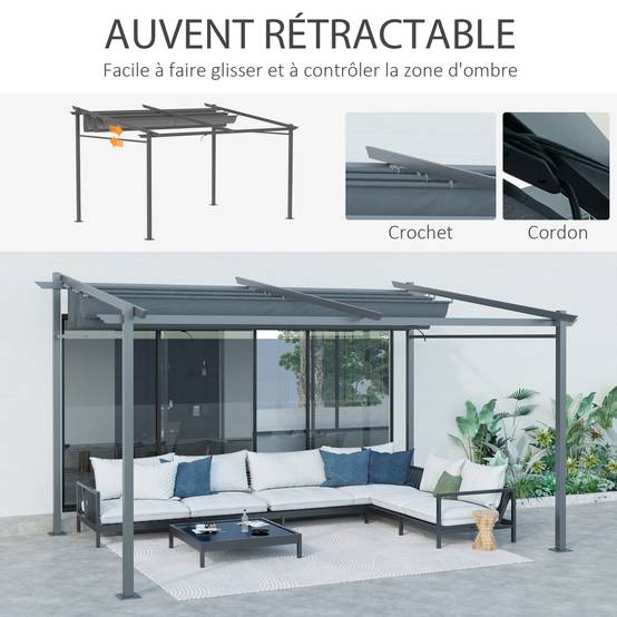 Pergola rétractable acier patio extérieur toile coulissante anti-UV 397x295cm gris - ComfortXL Outdoor Living - Image 7