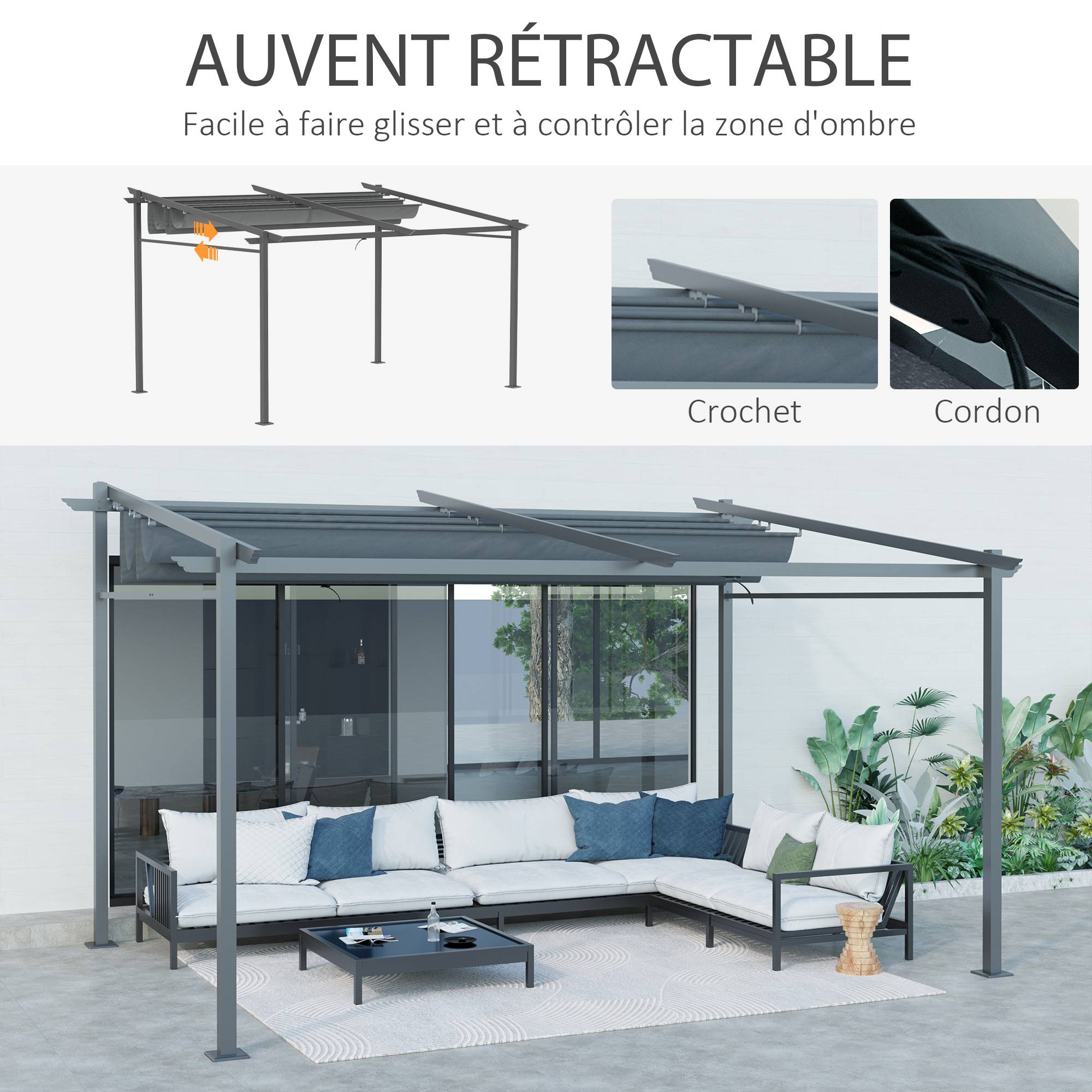 Pergola rétractable acier patio extérieur toile coulissante anti-UV 397x295cm gris - ComfortXL Outdoor Living - Image 7