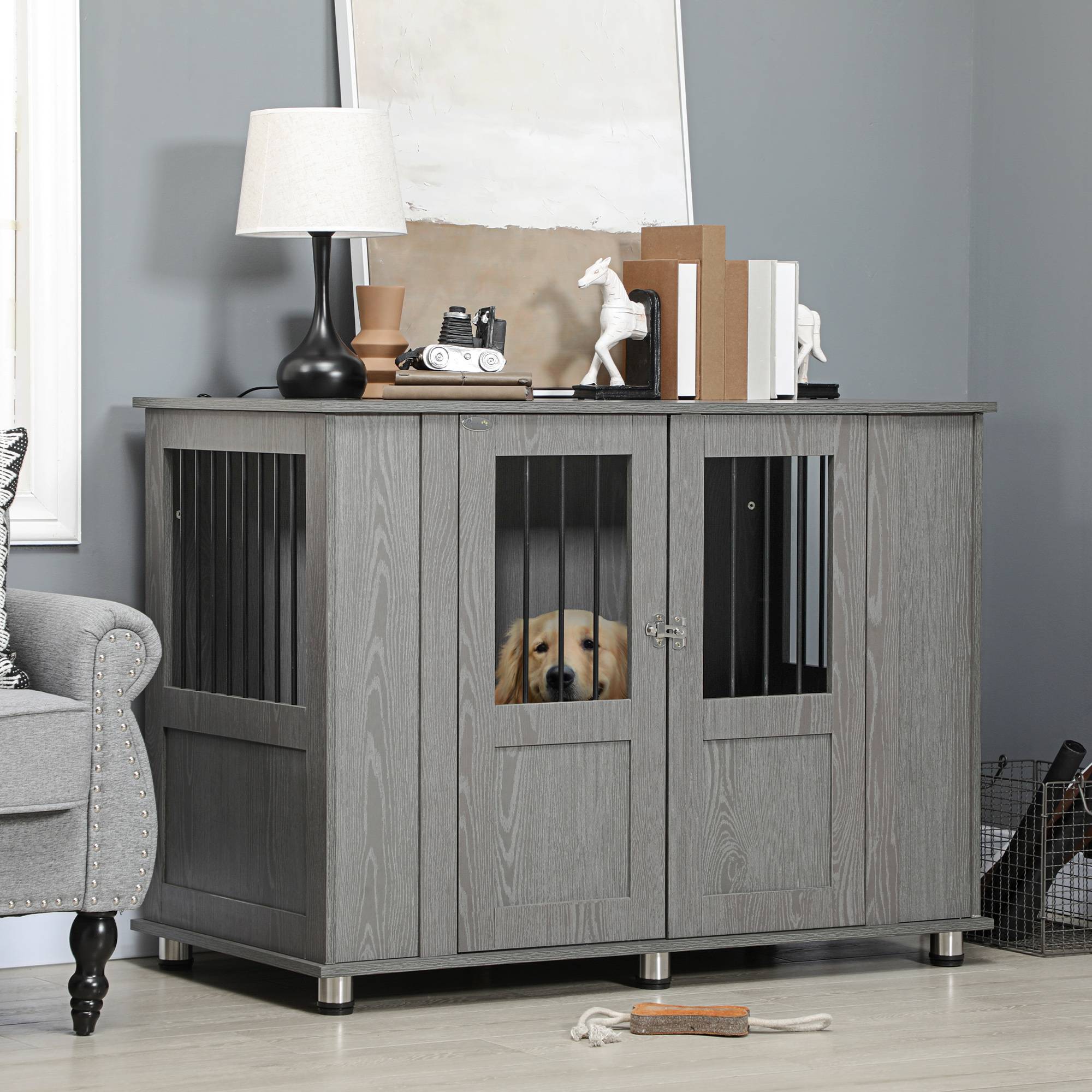 Cage pour chien 2 portes avec verrouillage,114x60x82cm gris - Image 4