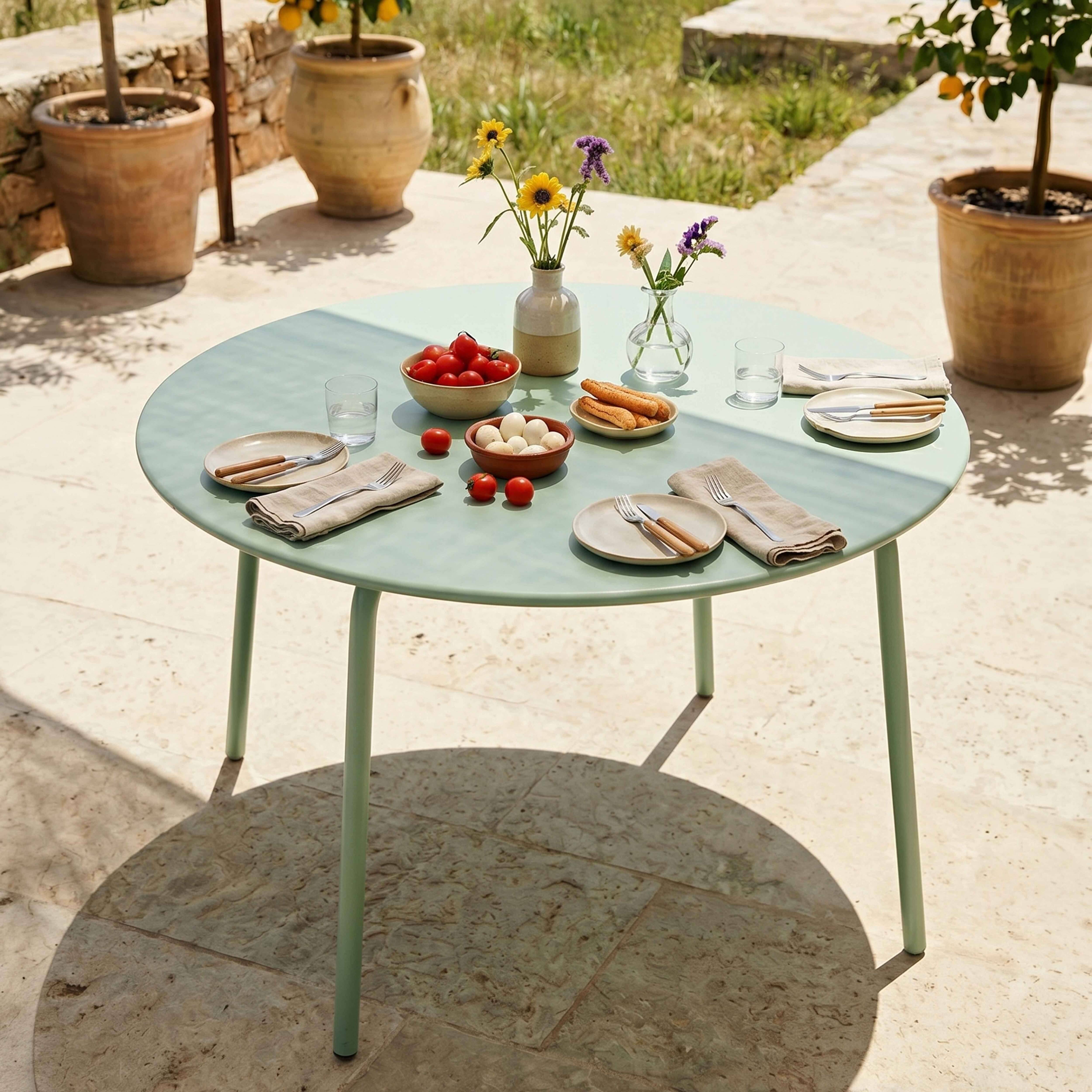 Oviala - Ensemble table de jardin ronde et 6 fauteuils acier vert sauge Palavas - Oviala - Image 3