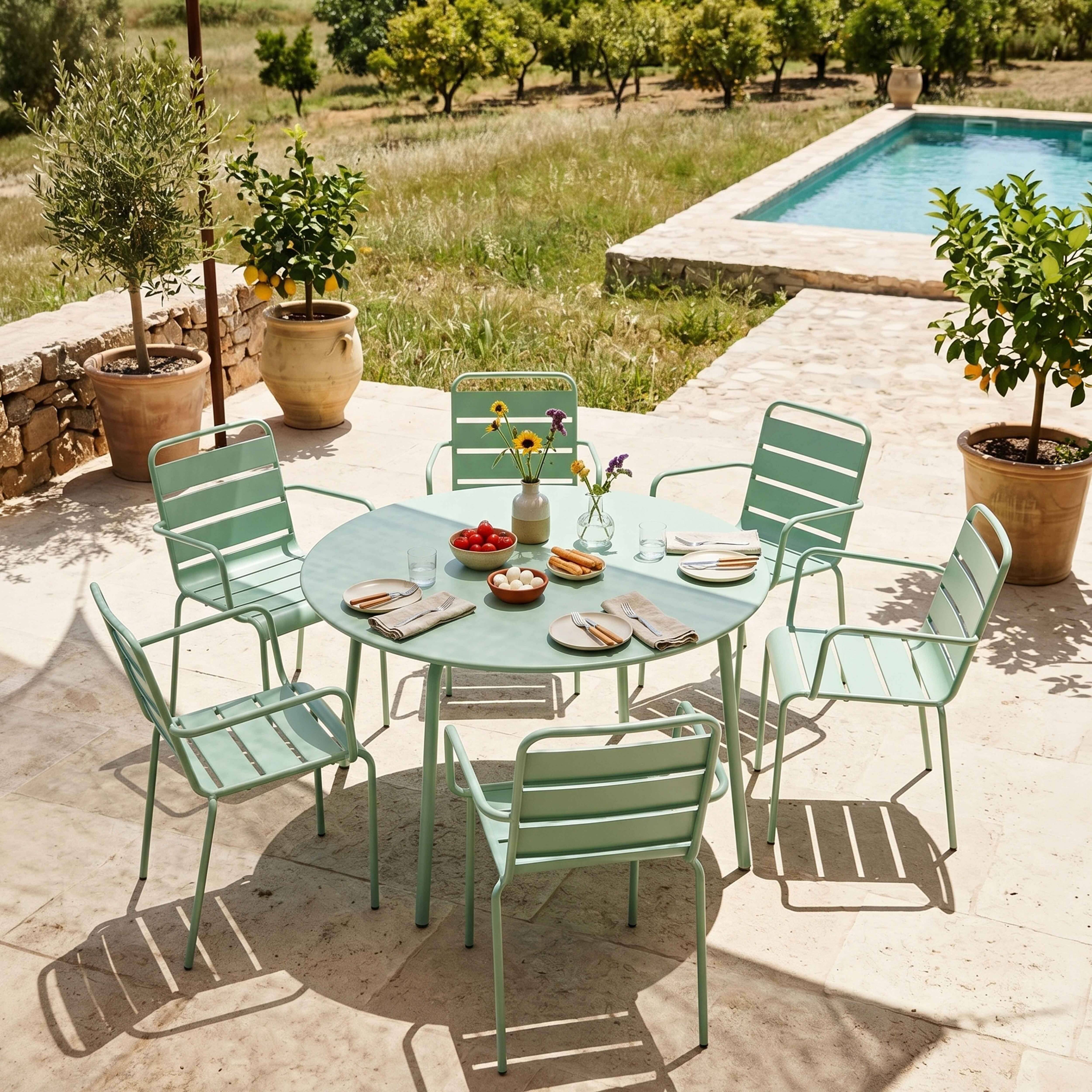 Oviala - Ensemble table de jardin ronde et 6 fauteuils acier vert sauge Palavas - Oviala - Image 2