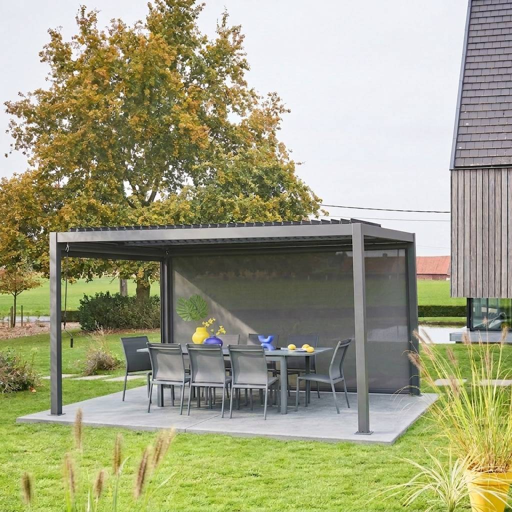 Pergola bioclimatique aluminium et acier 3x4m lames orientables + store 4m PALACE anthracite | sweeek - Image 1