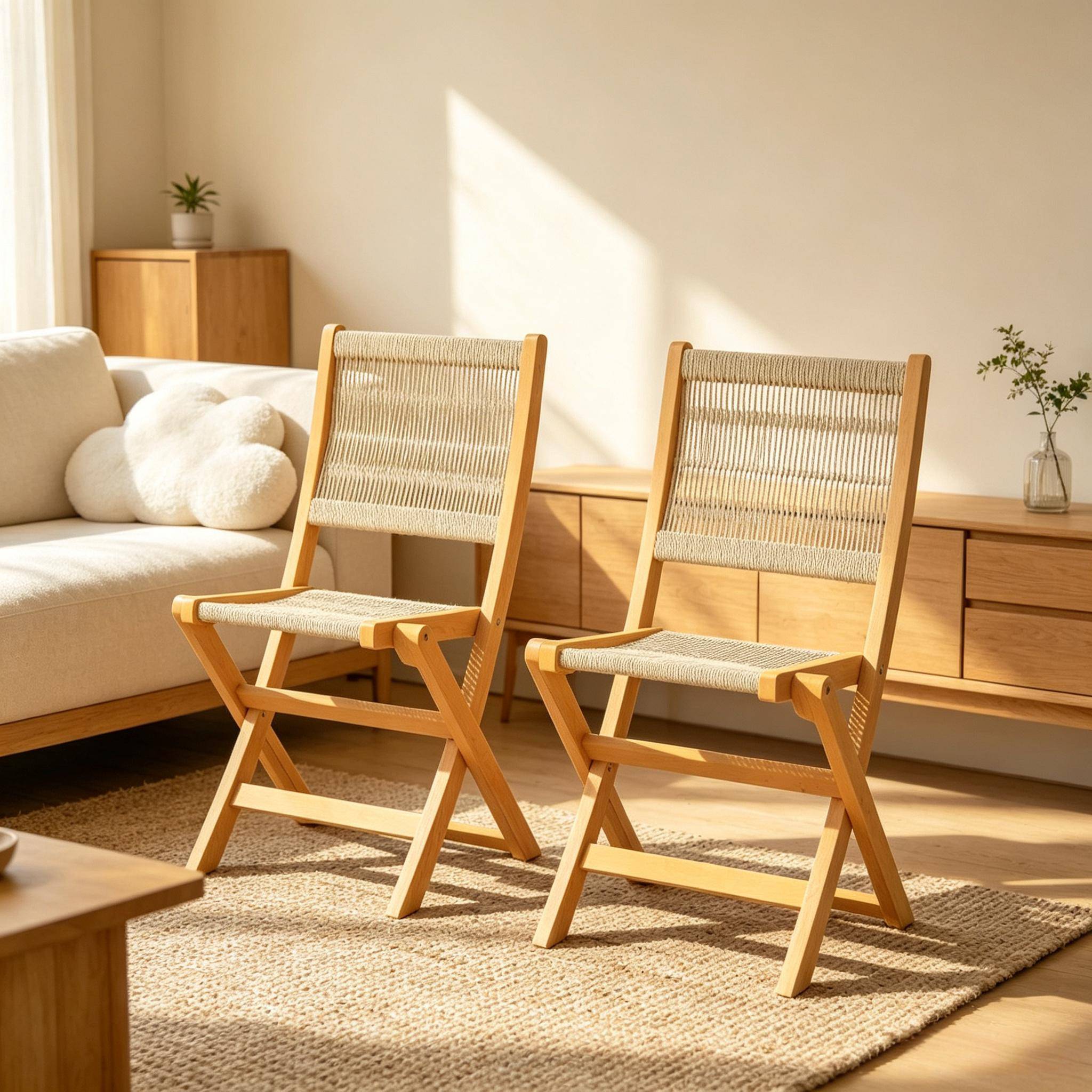 ComfortXL - Lot de 2 chaises de jardin pliantes acacia corde PP beige 48 x 55,5 x 88 cm balcon - ComfortXL Outdoor Living - Image 2