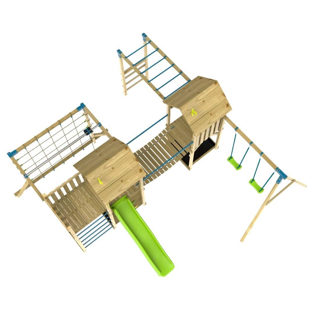 Aire de jeux XXL Camélée Skywood : toboggan, tyrolienne, double tour, pont de singe, balançoires, filet, mur d'escalade, bois FSC® - Image 7