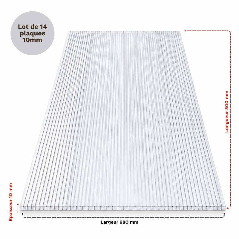 Lot 14 plaques polycarbonate 10 mm - 500 x 980 mm alvéolaire translucide - Coloris - Translucide, Largeur - 98 cm, Longueur - 50 cm - Image 2