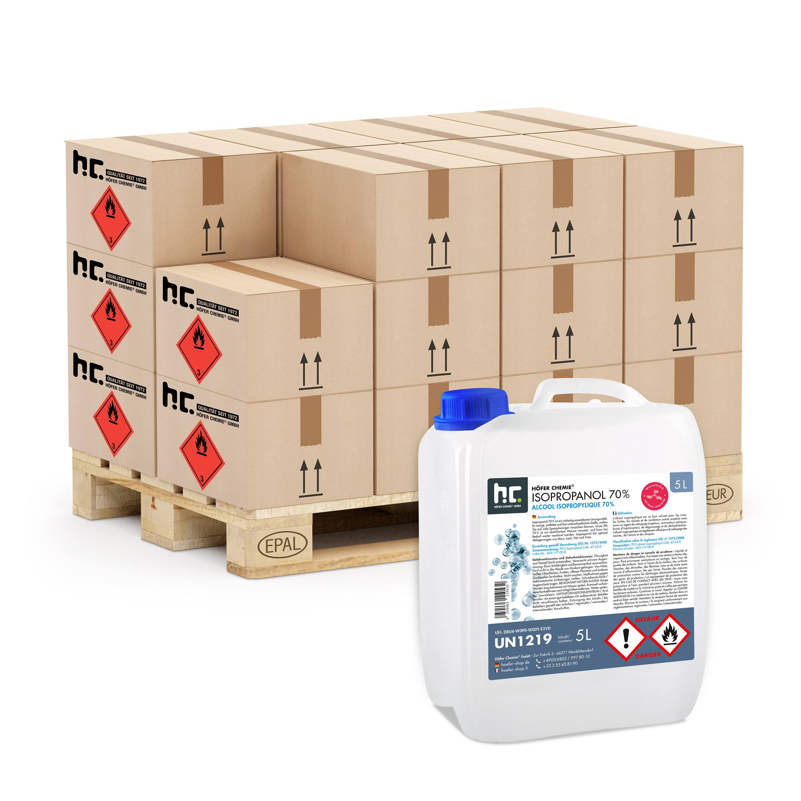 Alcool isopropylique 70% Höfer Chemie® en bidon de 5 L x 48