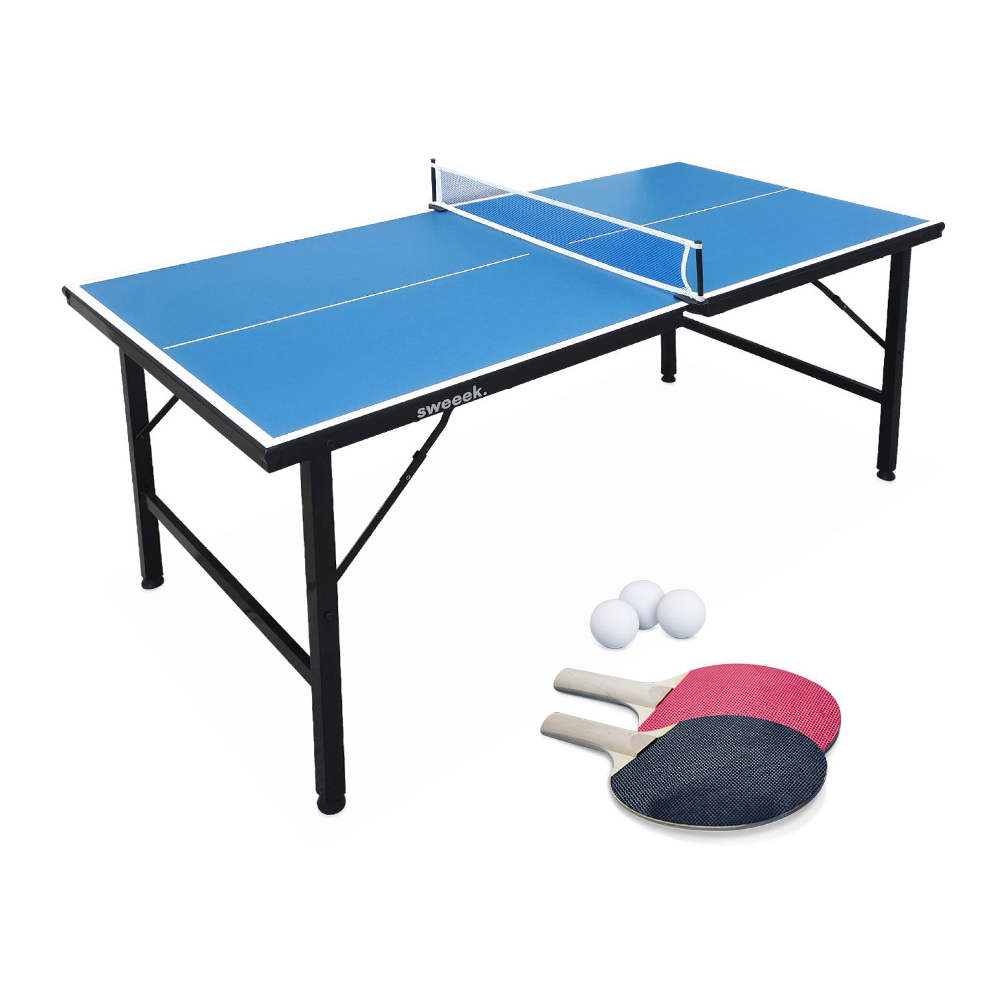 sweeek - Mini table de ping pong 150x75cm - table pliable INDOOR bleue. avec 2 raquettes et 3 balles. valise de jeu pour utilisation intérieure. sport | sweeek - Image 2