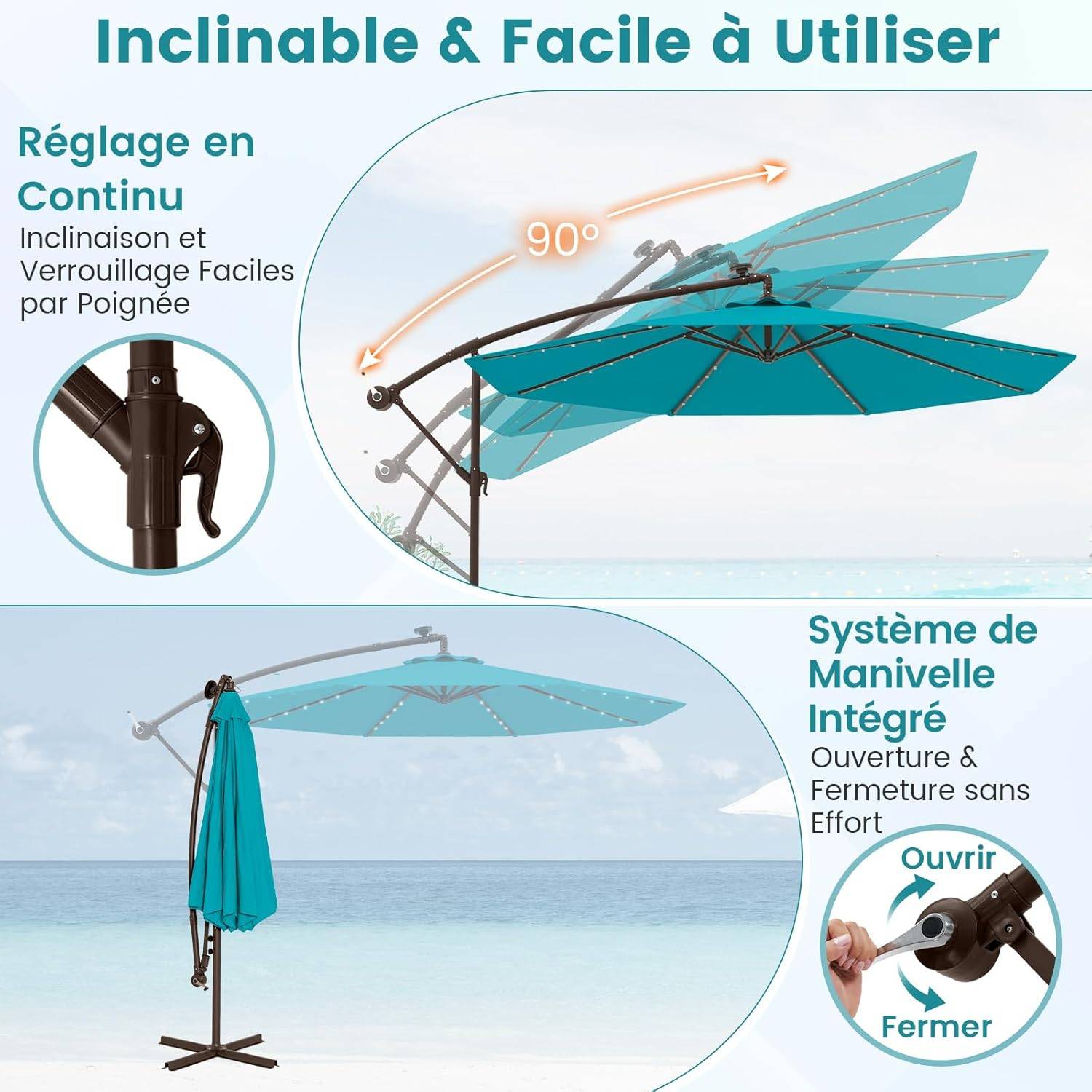 Costway - Parasol Déporté 3 x 3M, Grand Parasol de Jardin Extérieur Lumineux Solaire avec 2 Sacs de Sable,Parasol Inclinable avec Manivelle Bleu Clair - Image 4