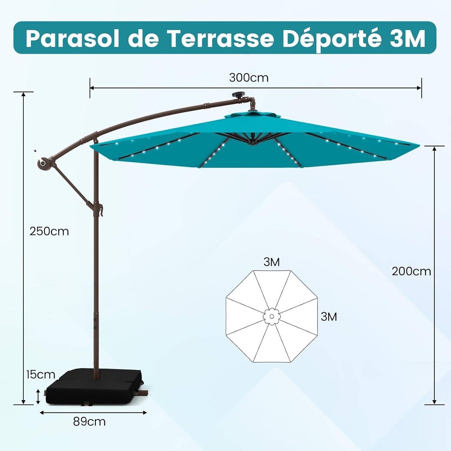 Costway - Parasol Déporté 3 x 3M, Grand Parasol de Jardin Extérieur Lumineux Solaire avec 2 Sacs de Sable,Parasol Inclinable avec Manivelle Bleu Clair - Image 3