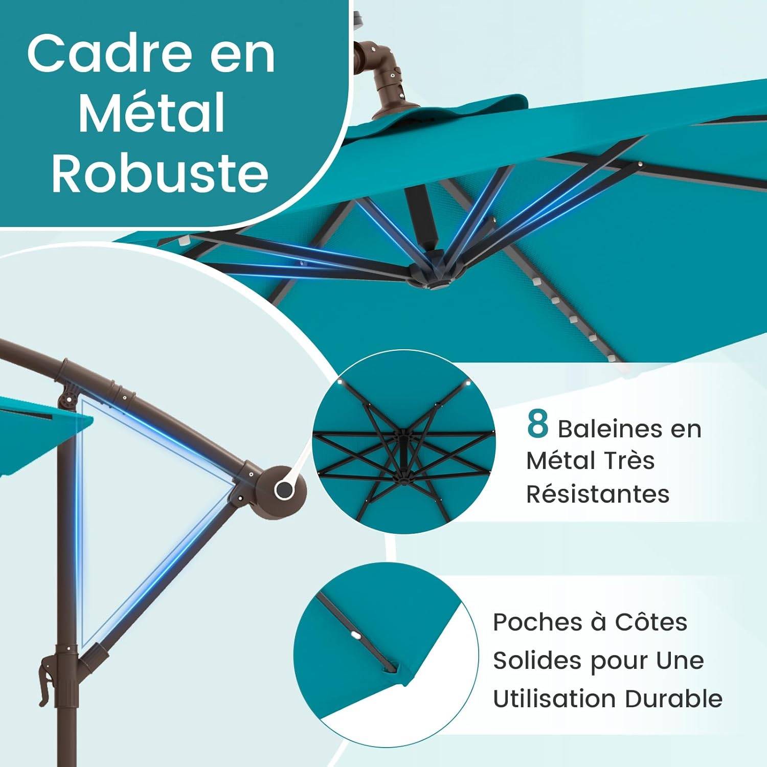 Costway - Parasol Déporté 3 x 3M, Grand Parasol de Jardin Extérieur Lumineux Solaire avec 2 Sacs de Sable,Parasol Inclinable avec Manivelle Bleu Clair - Image 9
