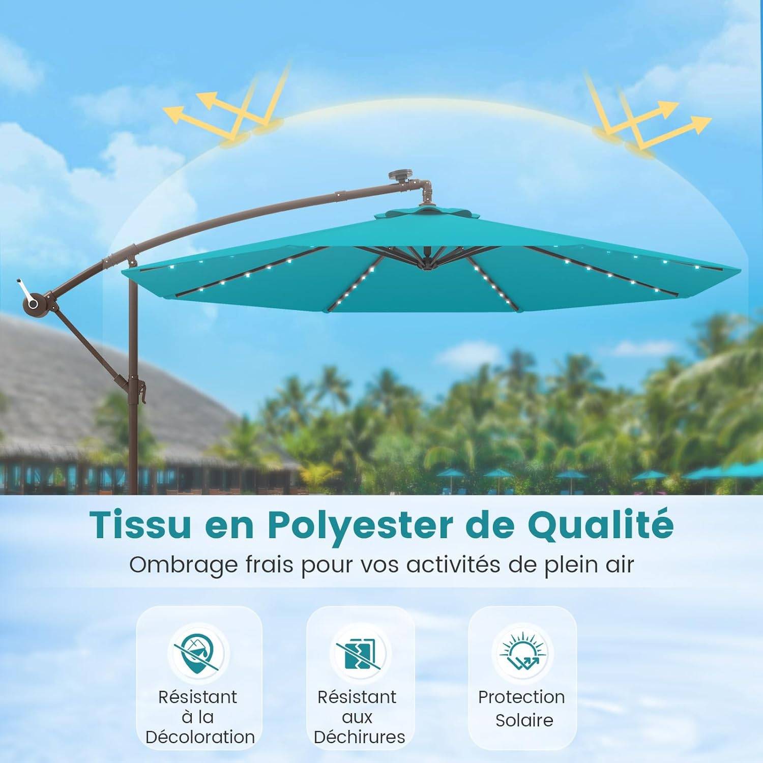 Costway - Parasol Déporté 3 x 3M, Grand Parasol de Jardin Extérieur Lumineux Solaire avec 2 Sacs de Sable,Parasol Inclinable avec Manivelle Bleu Clair - Image 6