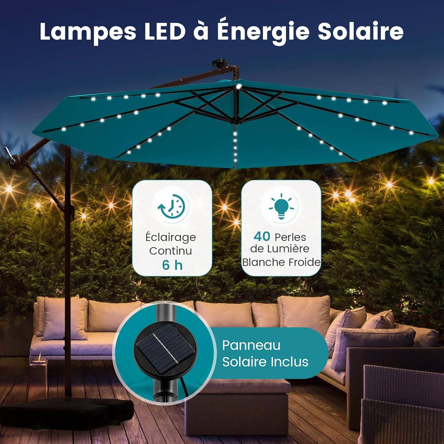 Costway - Parasol Déporté 3 x 3M, Grand Parasol de Jardin Extérieur Lumineux Solaire avec 2 Sacs de Sable,Parasol Inclinable avec Manivelle Bleu Clair - Image 5