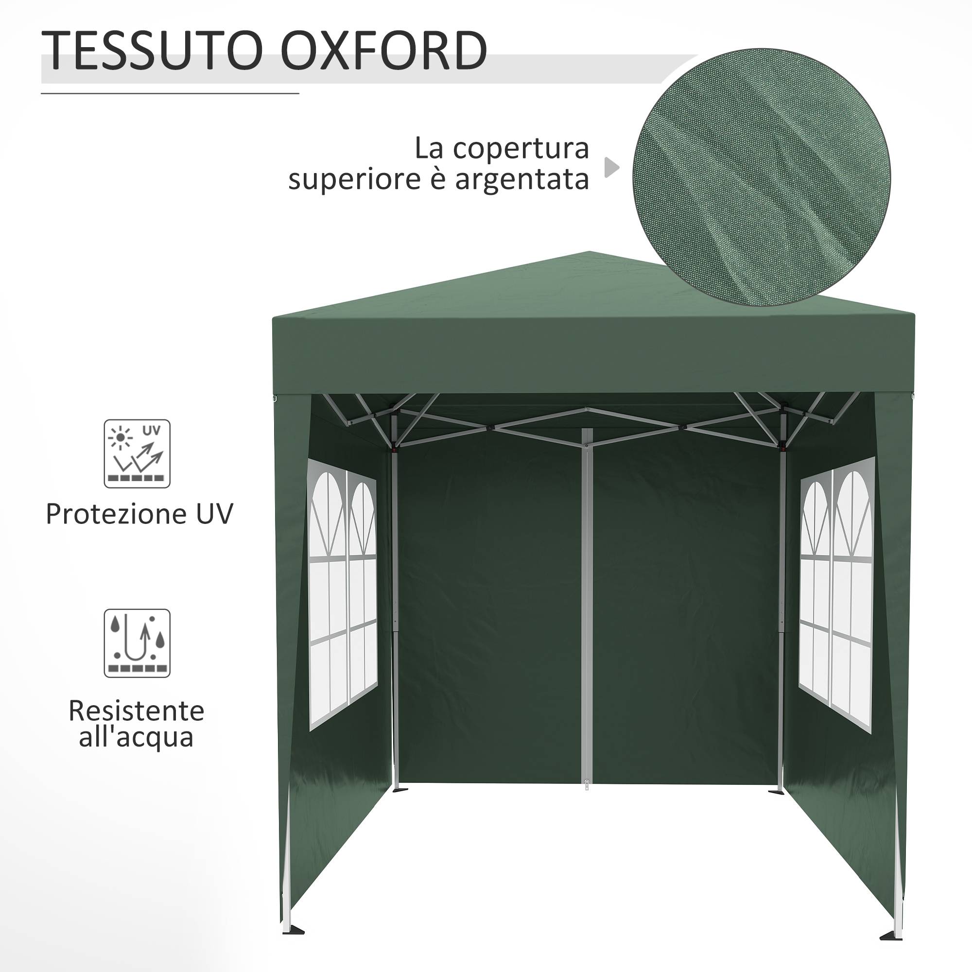 Tonnelle pliante 2x2 m avec 4 parois amovibles et sac de transport, en métal et polyester, verte - Image 8
