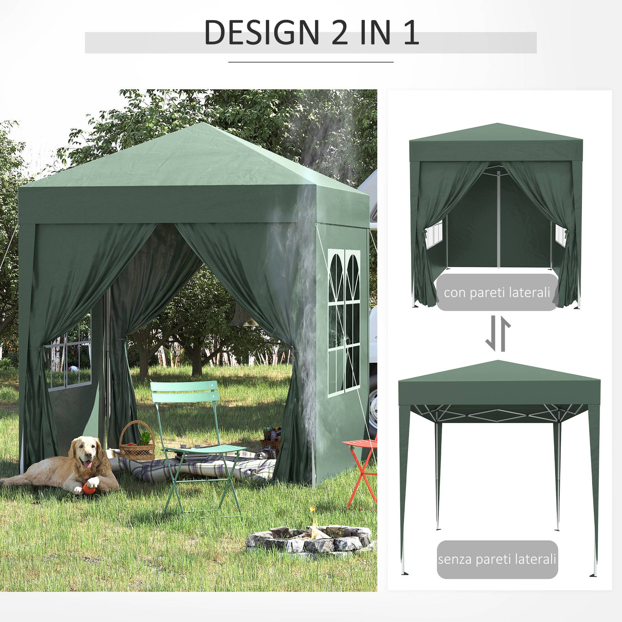 Tonnelle pliante 2x2 m avec 4 parois amovibles et sac de transport, en métal et polyester, verte - Image 6