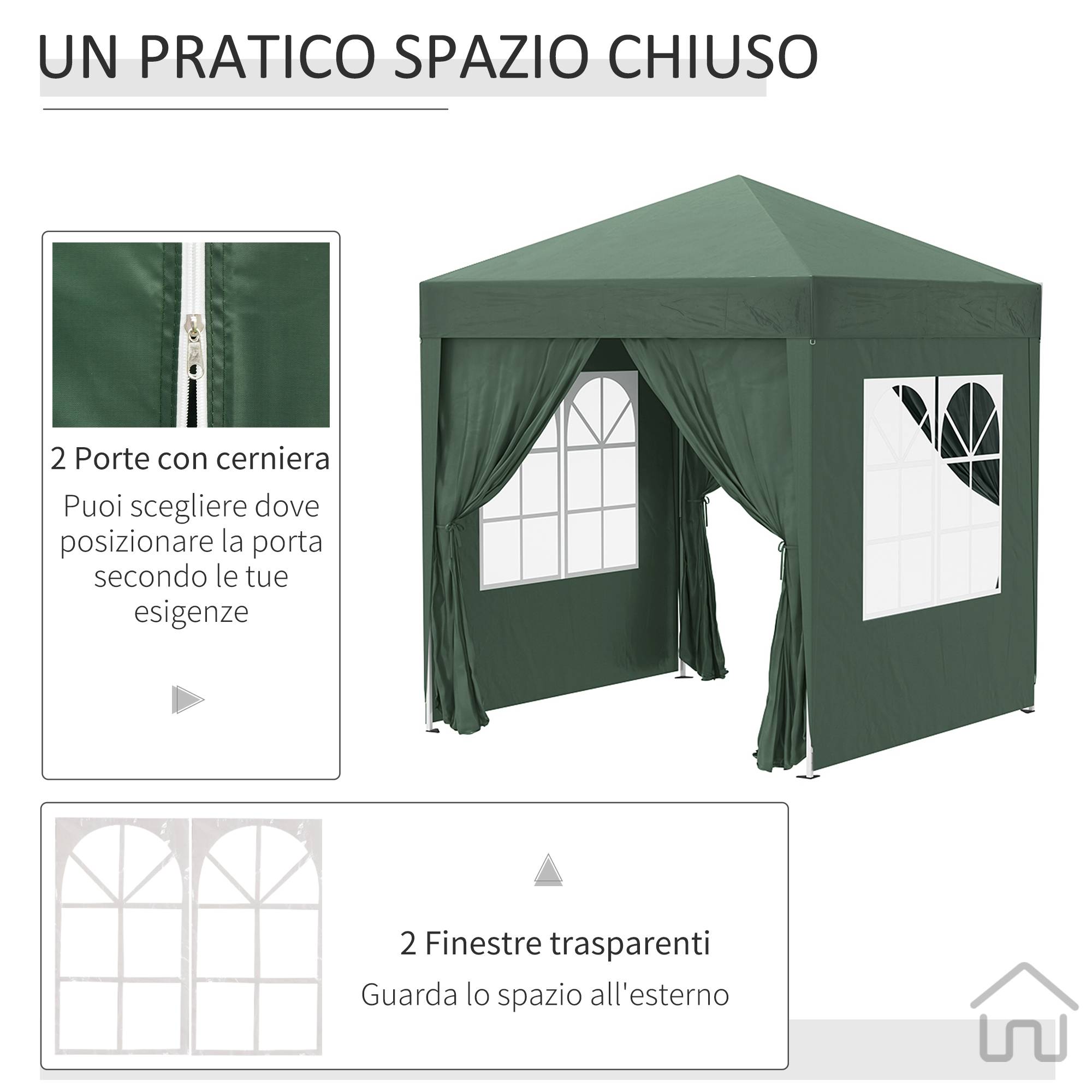 Tonnelle pliante 2x2 m avec 4 parois amovibles et sac de transport, en métal et polyester, verte - Image 7