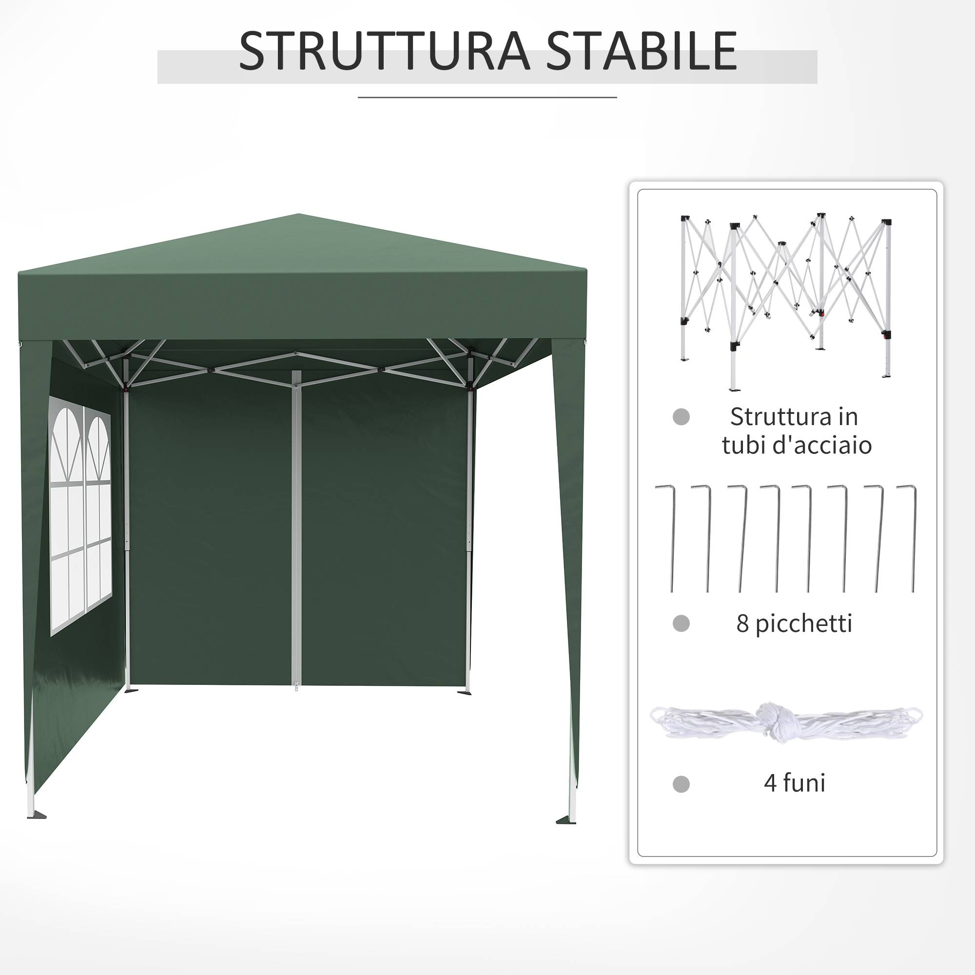Tonnelle pliante 2x2 m avec 4 parois amovibles et sac de transport, en métal et polyester, verte - Image 9