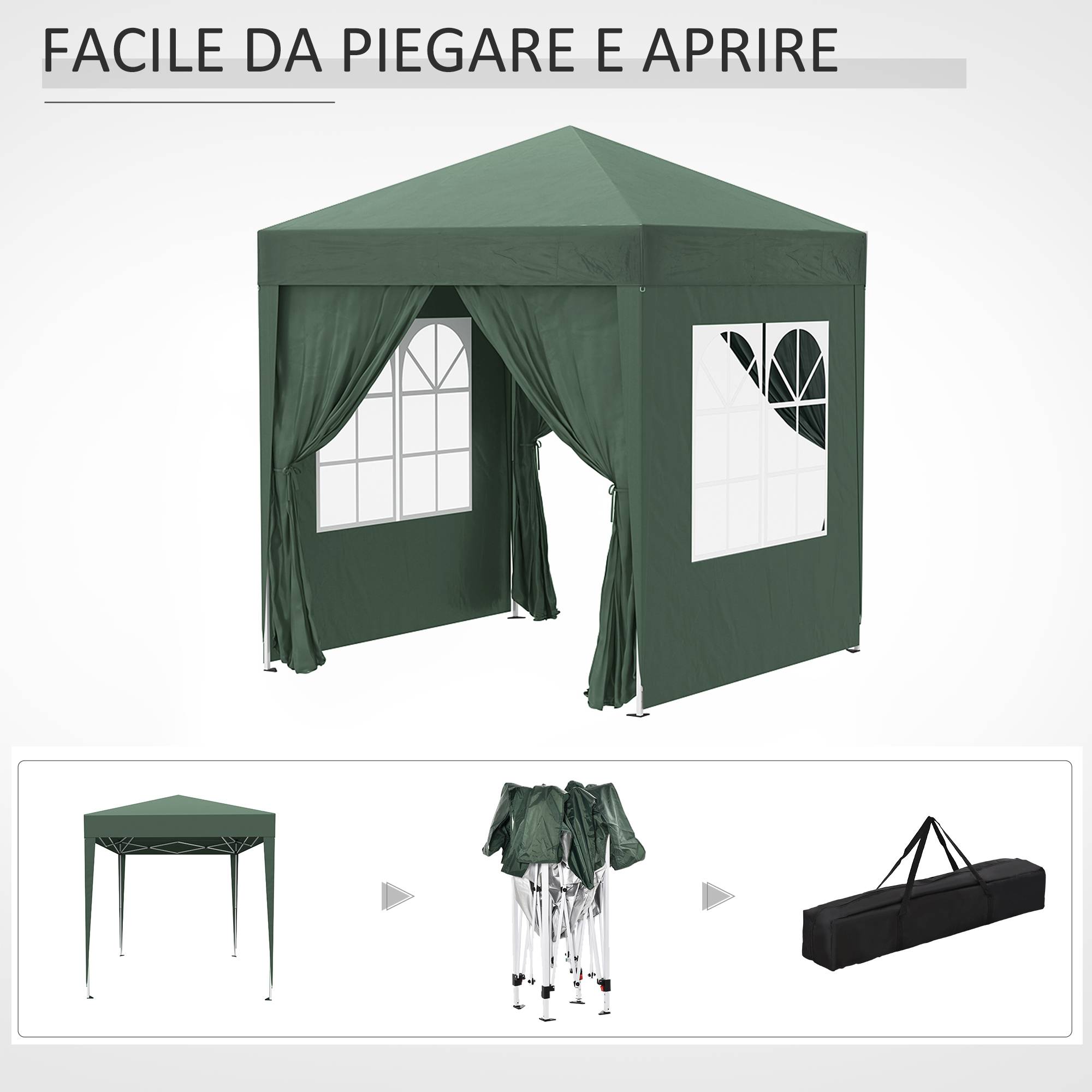 Tonnelle pliante 2x2 m avec 4 parois amovibles et sac de transport, en métal et polyester, verte - Image 10