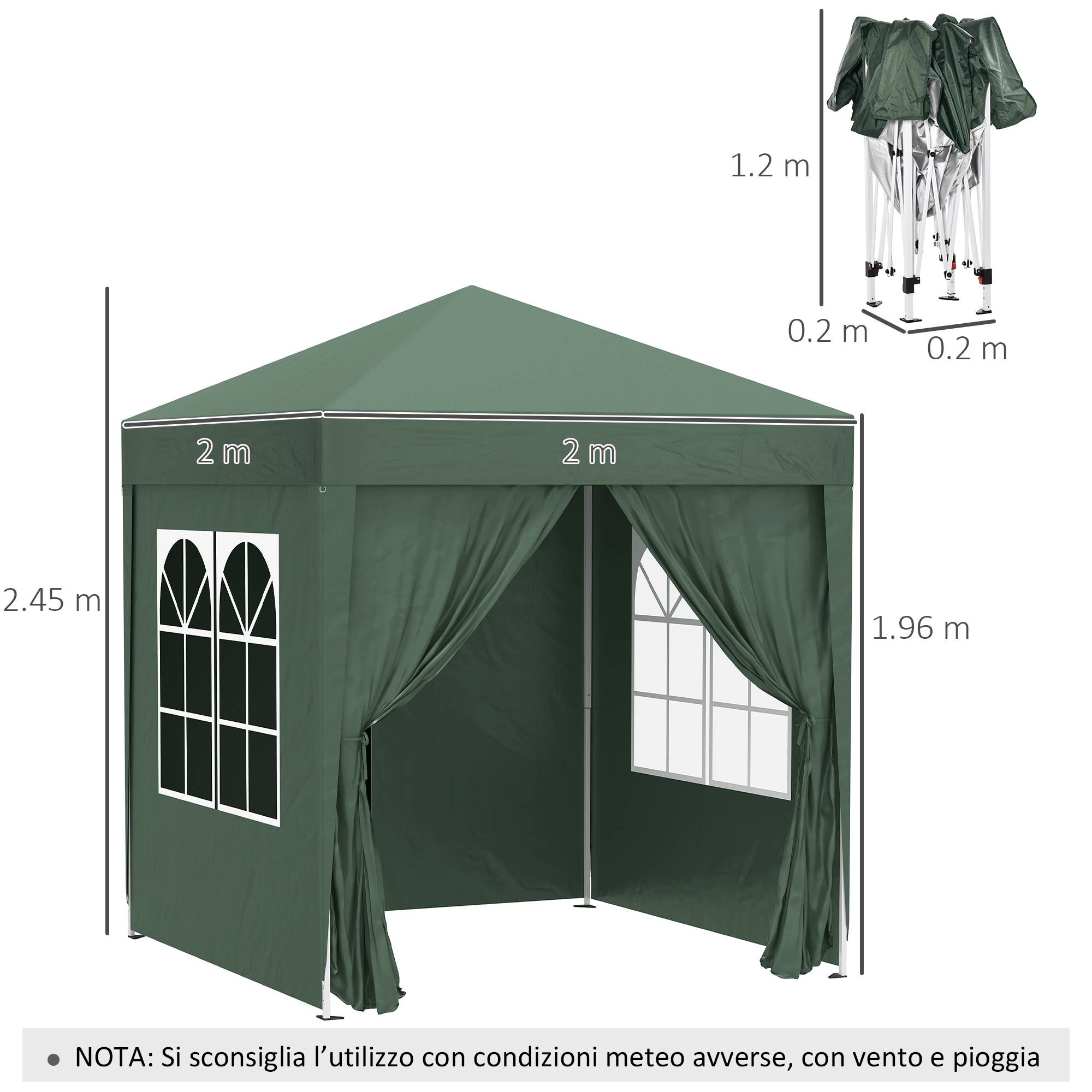 Tonnelle pliante 2x2 m avec 4 parois amovibles et sac de transport, en métal et polyester, verte - Image 5