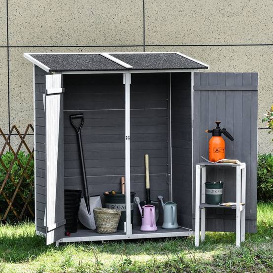 ComfortXL - Armoire de jardin en sapin 139 x 75 x 160 cm gris et blanc avec table intégrée toit bitumé verrouillable - Image 1