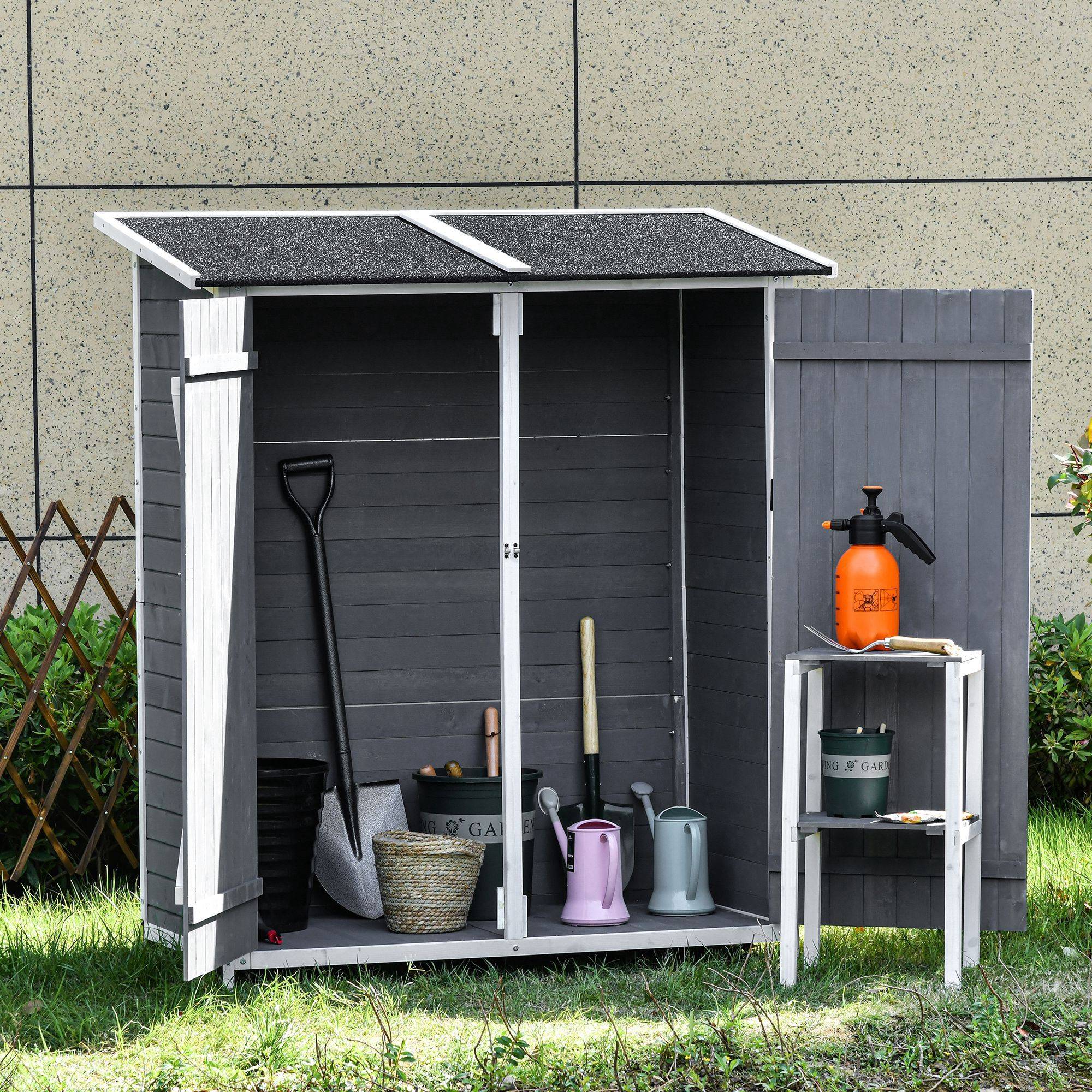 ComfortXL - Armoire de jardin en sapin 139 x 75 x 160 cm gris et blanc avec table intégrée toit bitumé verrouillable - Image 1