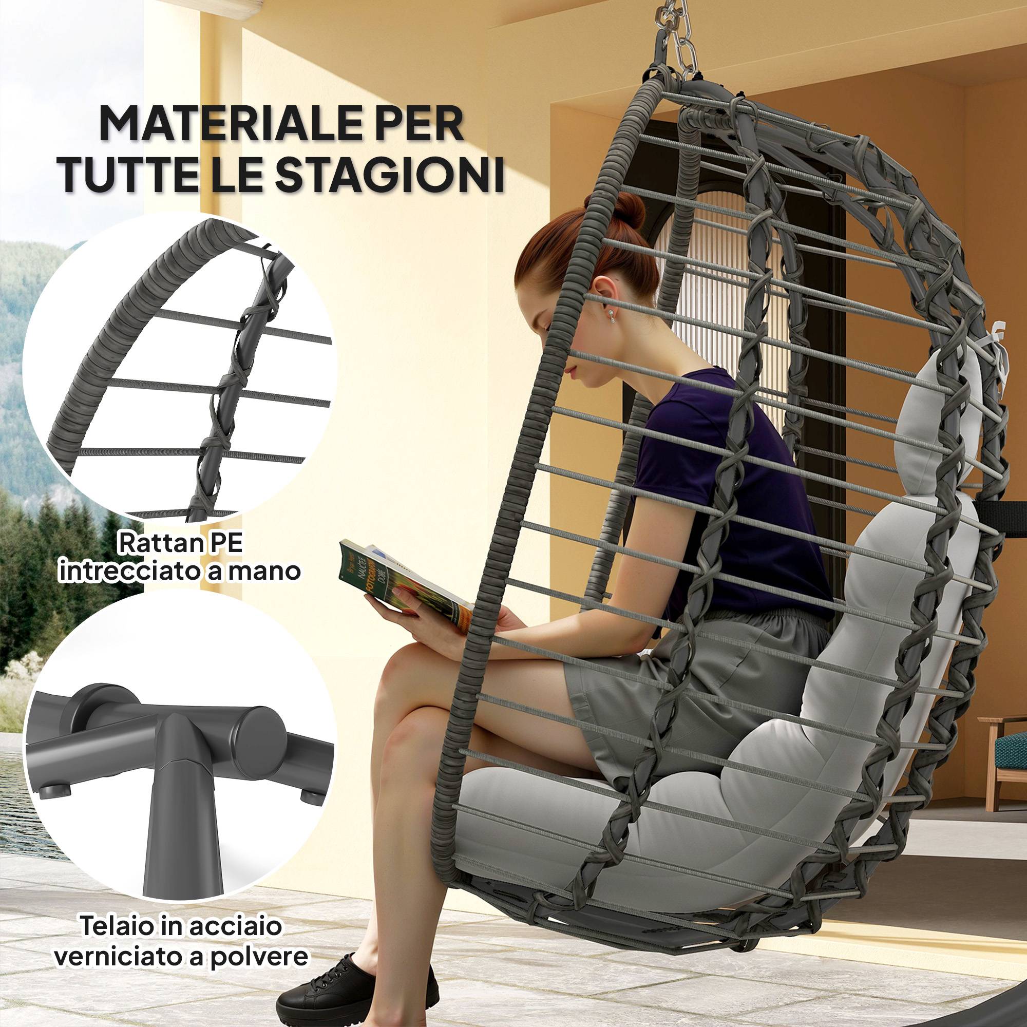 ComfortXL - Fauteuil suspendu œuf résine tressée jardin détente hauteur réglable gris - ComfortXL Outdoor Living - Image 6
