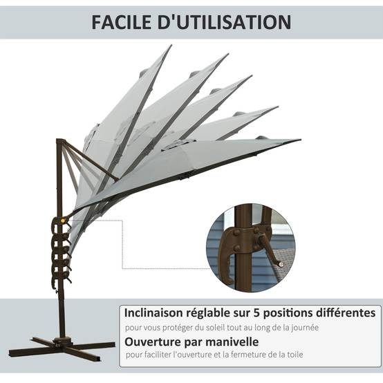 Parasol déporté octogonal inclinable parasol rotatif - 295x295x250cm Polyester Gris fr173 - Image 6