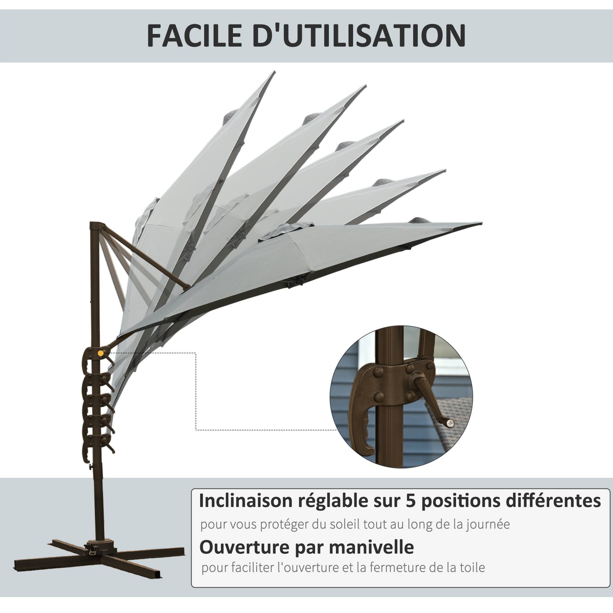 Parasol déporté octogonal inclinable parasol rotatif - 295x295x250cm Polyester Gris fr173 - Image 6