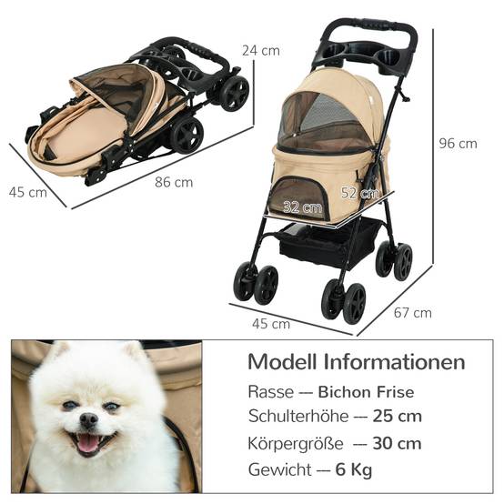 Chariot pour chien pliable en Oxford kaki 67 x 45 x 96 cm - PANGIVO - Image 3