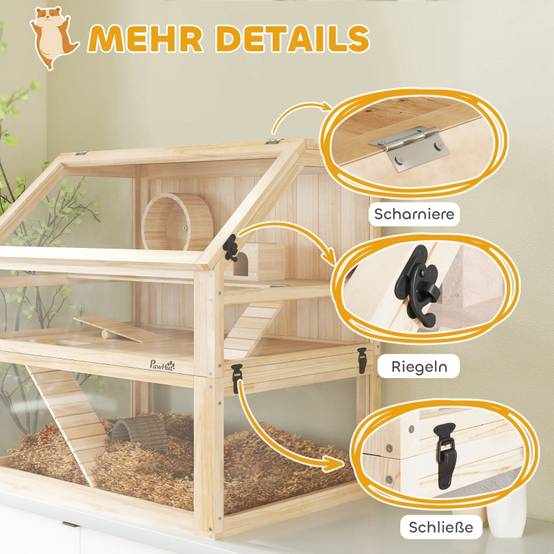 Cage Hamster Luxe Bois 3 Niveaux Équipée Vitre Acrylique 80cm Naturel - ComfortXL Pet Living - Image 8