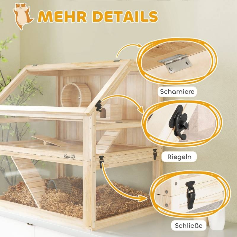 Cage Hamster Luxe Bois 3 Niveaux Équipée Vitre Acrylique 80cm Naturel - ComfortXL Pet Living - Image 8