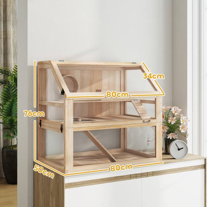 Cage Hamster Luxe Bois 3 Niveaux Équipée Vitre Acrylique 80cm Naturel - ComfortXL Pet Living - Image 3